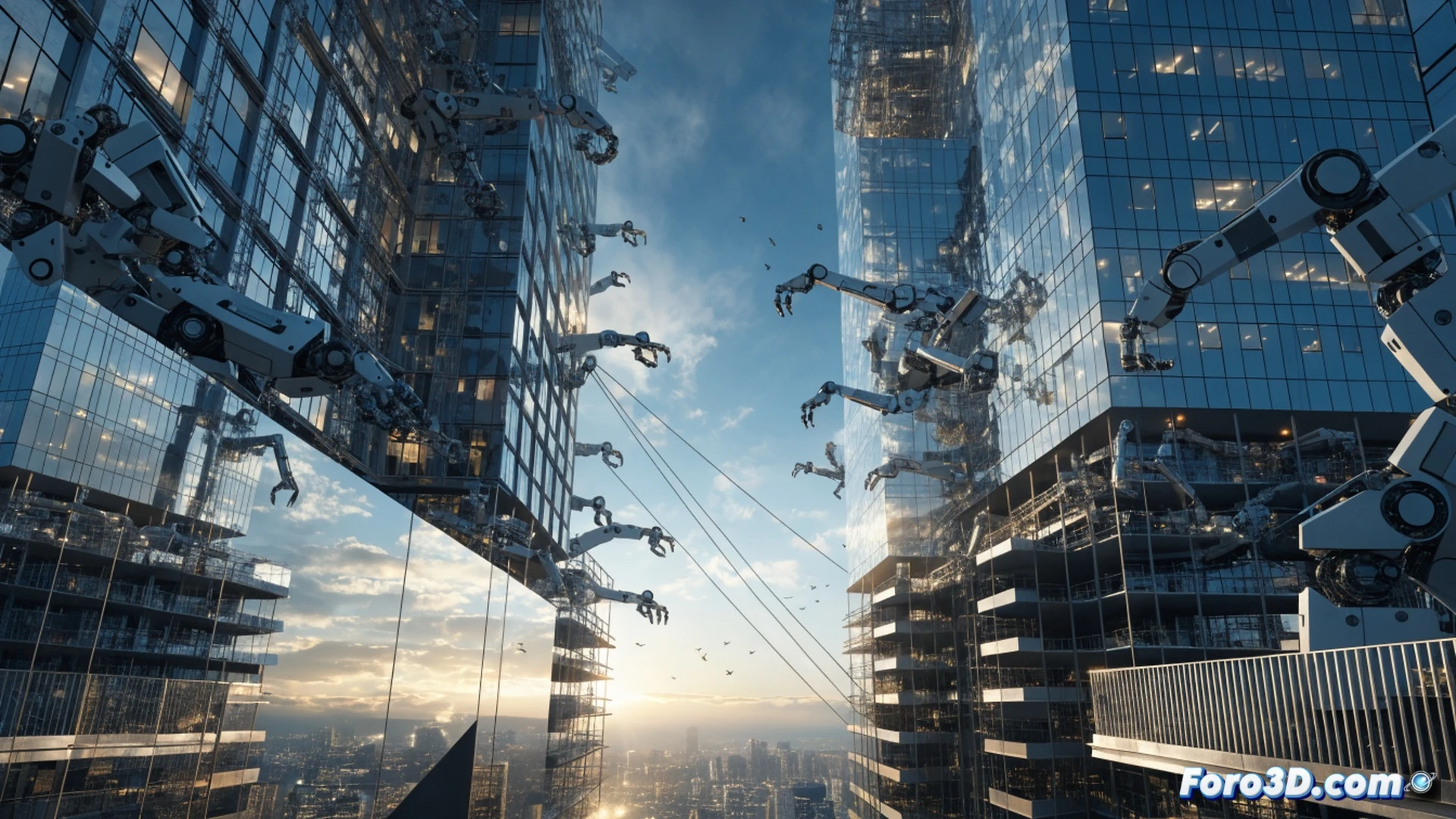 high-rise construction site with robotic crane assembling prefabricated apartment modules in under construction tower, foundation ground showing golden glowing soil texture contrasting with concrete, stock market ticker-style display reflected in glass facade showing rising price graphs, empty luxury apartments with dark windows on upper floors, construction workers idle at base while speculators in suits observe from foreground balcony, cinematic photorealistic visualization, dramatic contrast between rapid vertical assembly and stagnant affordability, ultra-detailed steel framework and hydraulic actuators, twilight lighting with warm golden hour sky, architectural engineering illustration style