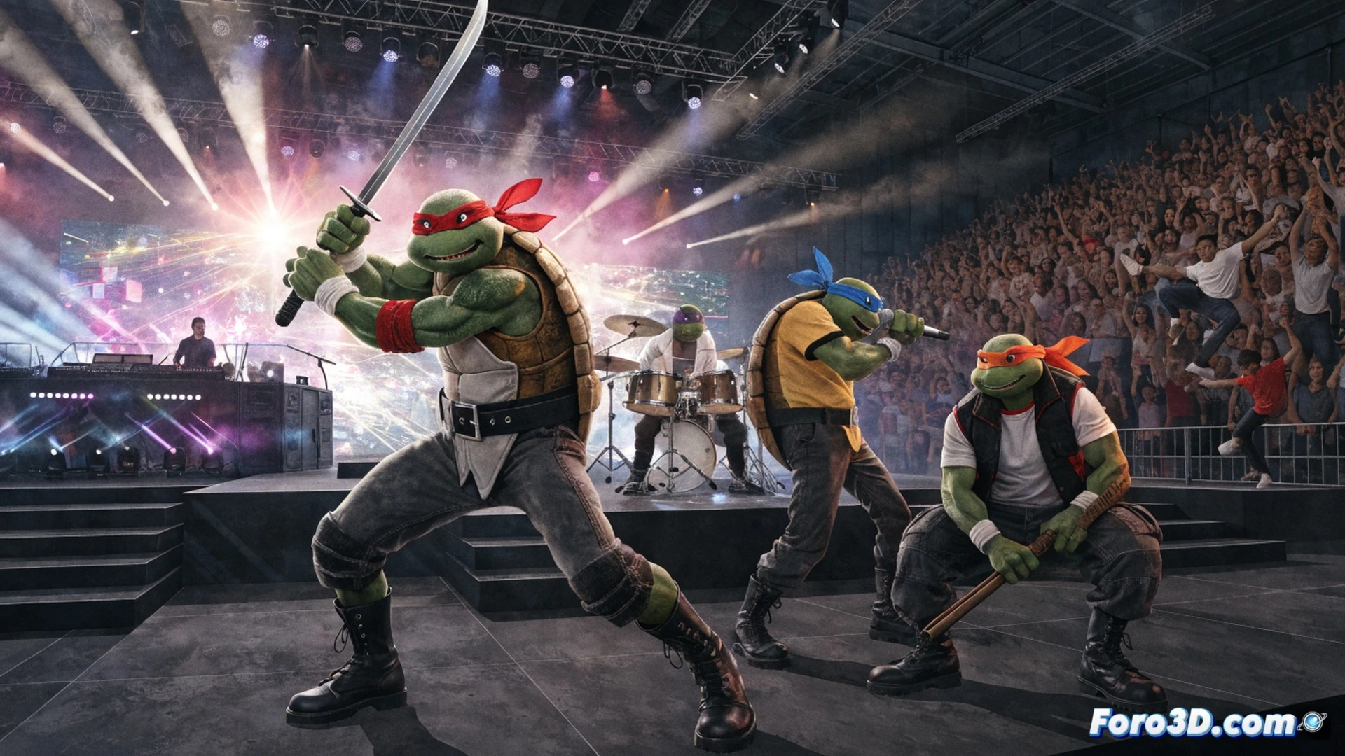 Four Teenage Mutant Ninja Turtles mid-air combat pose on a glowing stage, green ninja masks and shells reflecting stage lights, bo staffs and katanas clashing against purple robotic foot soldiers, dynamic hip-hop dance choreography during a martial arts sequence, explosive smoke and neon graffiti backdrop, complex lighting rigs and speaker stacks visible, audience silhouette cheering in dim arena, cinematic theatrical performance, high-energy action freeze-frame, photorealistic render with dramatic spotlights and particle effects