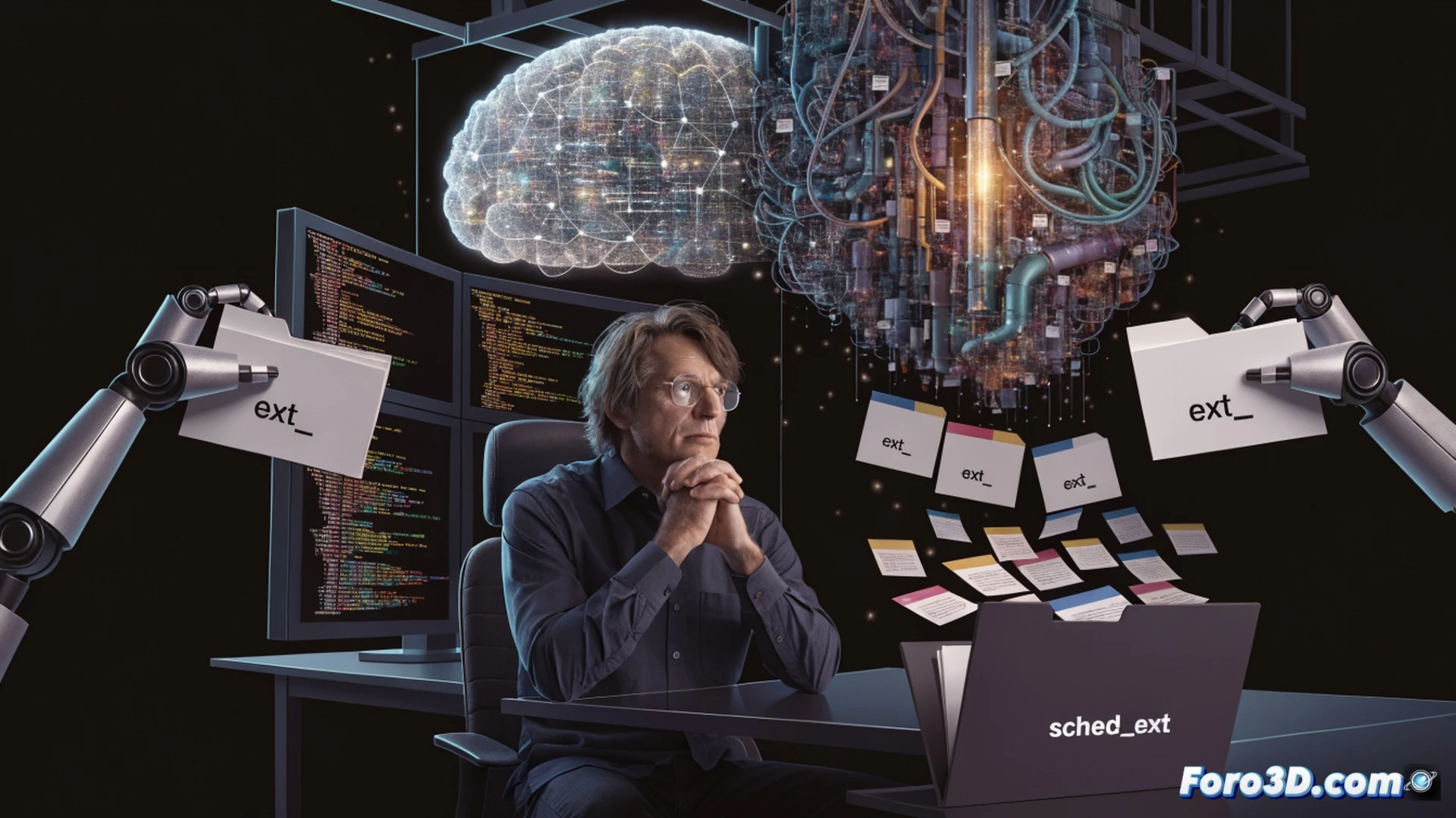Photorealistic technical illustration showing Linux kernel source code restructuring, messy code files with ext_ prefixes scattered across multiple directories, Linus Torvalds figure pointing at chaotic file tree, clean organized kernel/sched/ext folder being created, code fragments moving into neat folder structure, terminal window showing git commit command, dramatic lighting highlighting order versus chaos, ultra-detailed code syntax with glowing lines, cinematic engineering visualization, digital workspace atmosphere