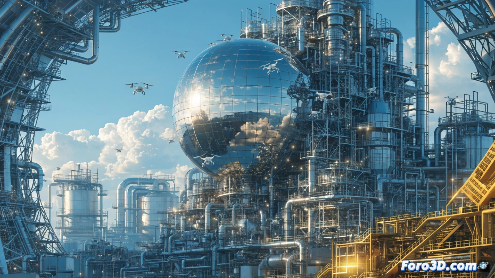 industrial complex at twilight, a massive oil refinery with pipelines and storage tanks, a transparent holographic globe floating above the facility displaying streaming emission data and consumption arrows, engineers in hard hats pointing at the hologram while holding tablets showing graphs, a gavel resting on a legal document in the foreground, soft blue and orange lighting, cinematic photorealistic technical illustration, detailed metallic textures, glowing data lines, dramatic shadows, high-contrast industrial atmosphere