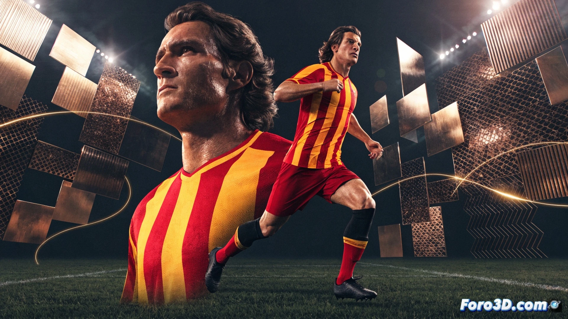 Francesco Totti en acción durante un partido de noche en el Estadio Olímpico de Roma, mostrando su característico taconazo mientras dos defensores contrarios quedan congelados en el fondo, su visión periférica representada como líneas de puntos conectando sus ojos con tres compañeros en diferentes ángulos del campo, balón elevado con efecto giratorio, pierna de apoyo firmemente plantada, césped iluminado por reflectores, estadio lleno con banderas ondeando, estilo cinematográfico con profundidad de campo, movimiento congelado en el instante exacto del toque, textura detallada del césped y el balón, iluminación dramática de estadio, render fotorrealista técnico