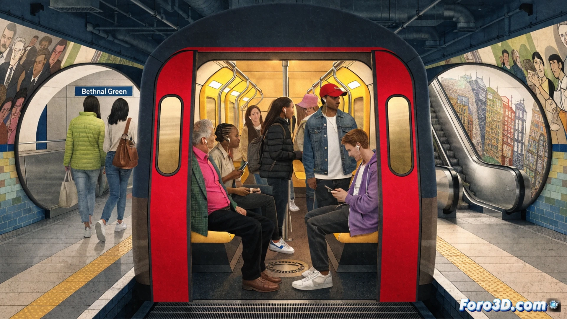 Vagón de metro londinense vintage iluminado con luz cálida durante un recorrido Pride, pasajeros diversos sosteniendo auriculares mientras escuchan el audio tour, pantalla digital en la pared mostrando el mapa con paradas destacadas en Bethnal Green y Notting Hill Gate, banderas arcoíris ondeando suavemente en el andén visible por la ventana, manos interactuando con una interfaz táctil de guía histórica, estilo cinematográfico realista con profundidad de campo, colores vibrantes y reflejos metálicos en el suelo del vagón, celebración comunitaria en movimiento.