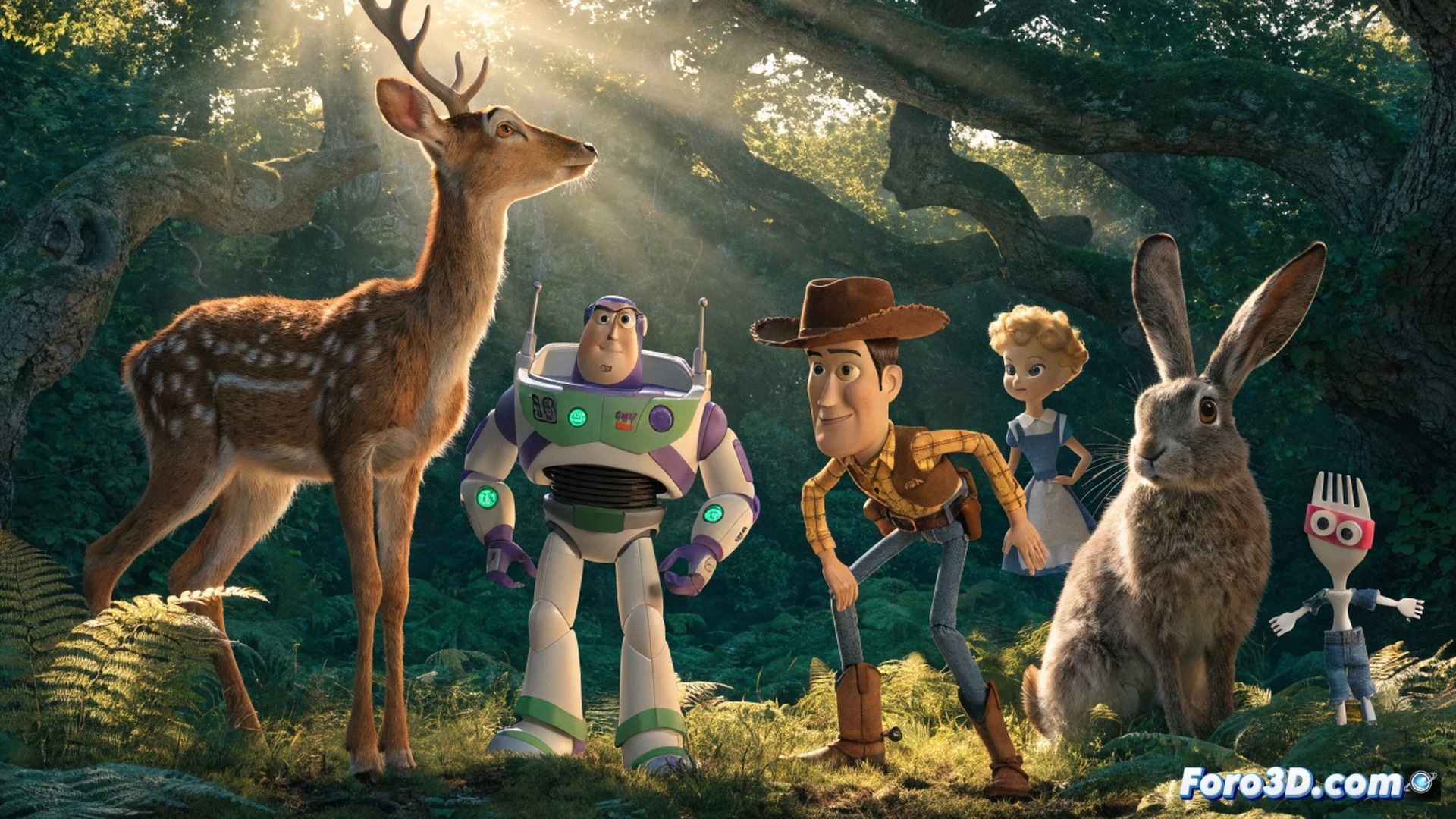 cinematic wide shot of Buzz Lightyear and Woody standing in a sunlit forest clearing, a deer and a rabbit emerging from behind a glowing digital workstation, Buzz holding a futuristic scanner tool while Woody points toward the animals, soft golden light filtering through leaves, nostalgic atmosphere, photorealistic animation style, subtle motion blur on drifting pollen particles, technical illustration lighting with volumetric rays, ultra-detailed toy textures and fur, emotional scene demonstrating cross-generational connection