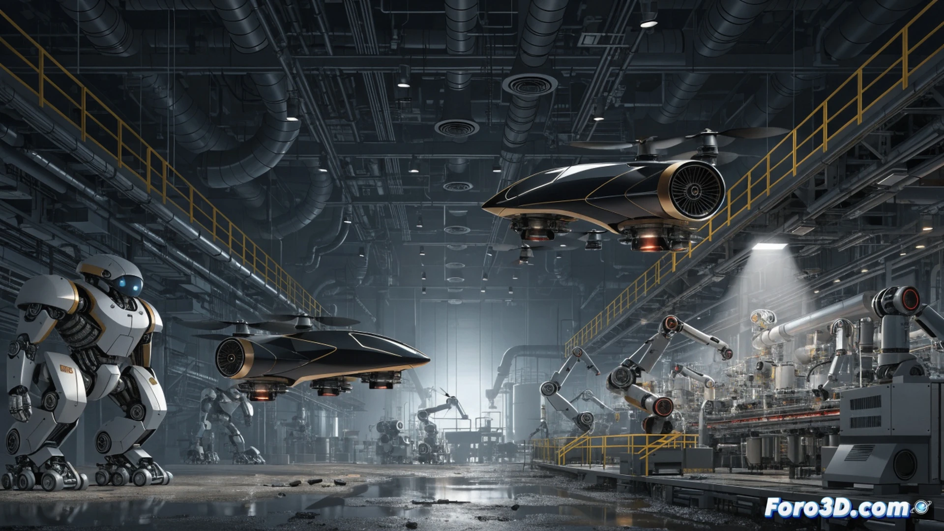 Futuristic city street scene at dusk, Toyota autonomous drone taxi descending vertically onto a landing pad while a humanoid robot guides the process with glowing blue sensors, holographic AI interface floating beside the vehicle showing real-time traffic data and energy flow lines, engineers in lab coats monitoring from a glass-walled control hub, sleek metallic flying car with retractable wings and turbine engines, robotic arms assembling components in the background, cinematic photorealistic engineering visualization, dramatic blue and orange lighting, ultra-detailed mechanical joints and circuitry, motion blur on rotor blades, glowing particle trails from navigation lasers, high-tech urban mobility demonstration