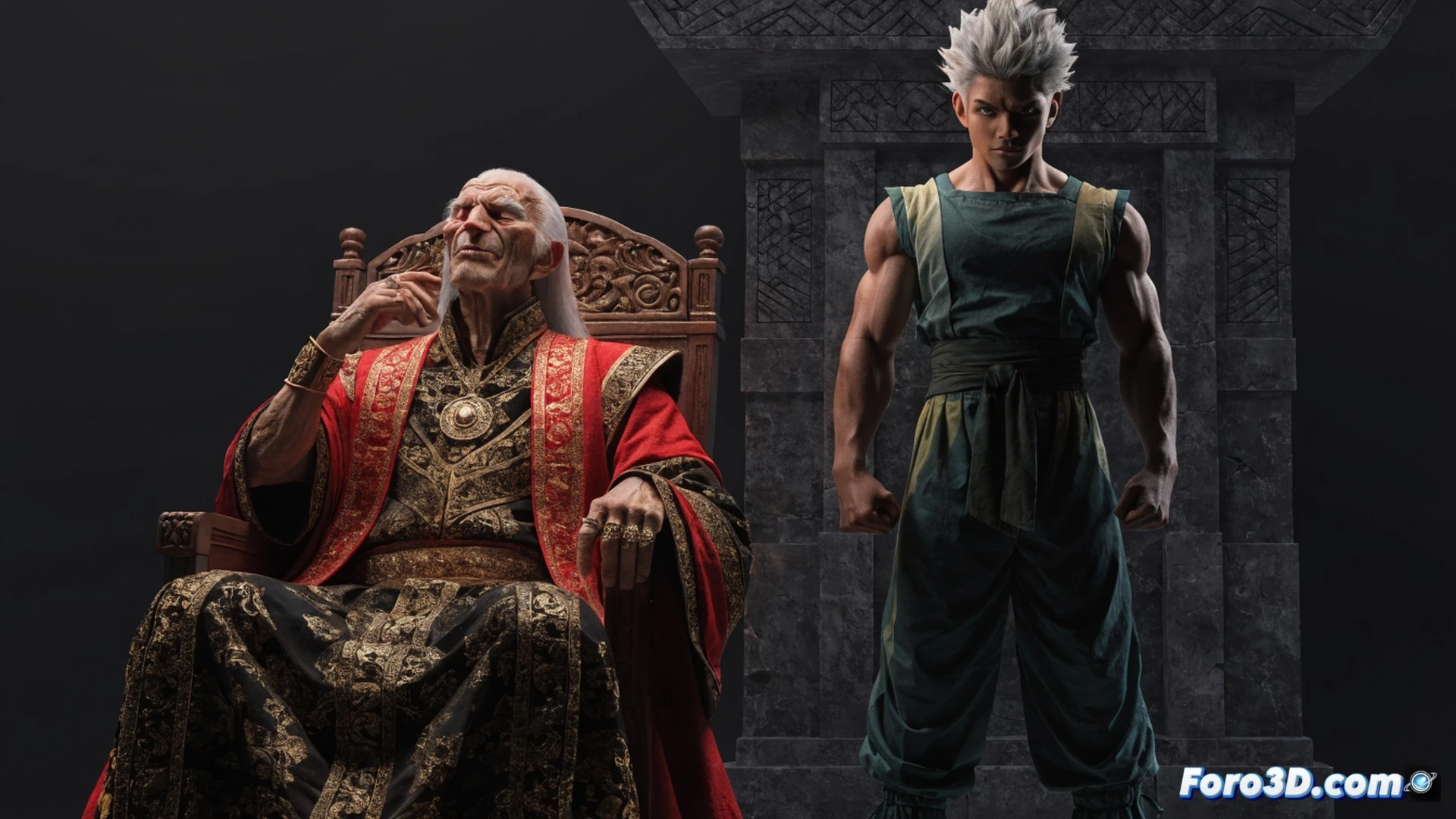 Elderly King Chappa in martial arts robe teaching a young Uub a blocking stance, Uub catching a glowing energy sphere with both hands while Chappa demonstrates a slow motion technique, sketch pencils and digital drawing tablet visible on a wooden desk in the background, ink bottles and reference sheets scattered, cinematic manga-style visualization with dynamic action lines, soft studio lighting casting long shadows, photorealistic ink and paper texture, intense focus on hand gestures and energy glow, ultra-detailed character expressions, dramatic contrast between aged wrinkles and youthful skin