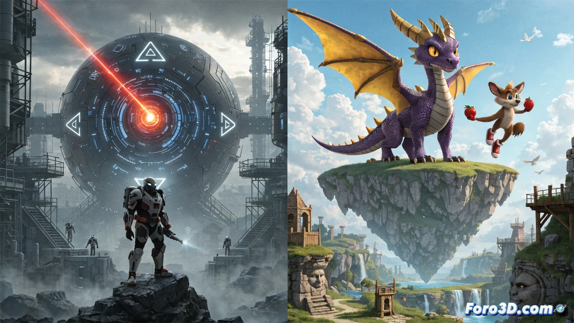 Stylized 3D game engine workspace, Spyro and Crash Bandicoot action figures breaking free from glowing shackles labeled with corporate logos, fragments of Call of Duty blueprints scattering in the air, art tablets displaying dragon concept art, floating game controllers with torn wires, cinematic visualization, dramatic spotlight breaking through dark storm clouds, sparks of creative energy around the toys, photorealistic materials, wet concrete floor reflecting neon studio lights, ultra-detailed sculpted characters mid-jump, triumphant pose, dynamic motion freeze-frame, high-contrast game development aesthetic