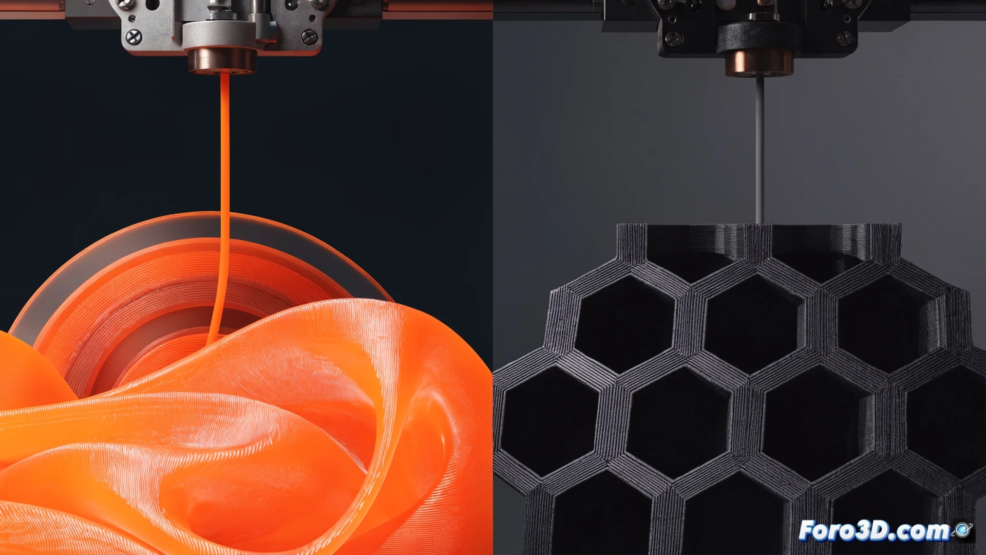 Photorealistic technical illustration of a desktop 3D printer mid-print, dual spools of TPE and TPU filament feeding into a direct-drive extruder, a flexible phone case being peeled off the build plate showing extreme bend without breaking, a caliper measuring layer adhesion on a test cube, textured PEI sheet surface, orange TPU part with clean overhangs next to wrinkled TPE failure, metallic hotend with silicone sock, subtle glow from heated bed, dramatic side lighting highlighting material flexibility and surface quality differences, ultra-detailed printer mechanics, cinematic engineering visualization