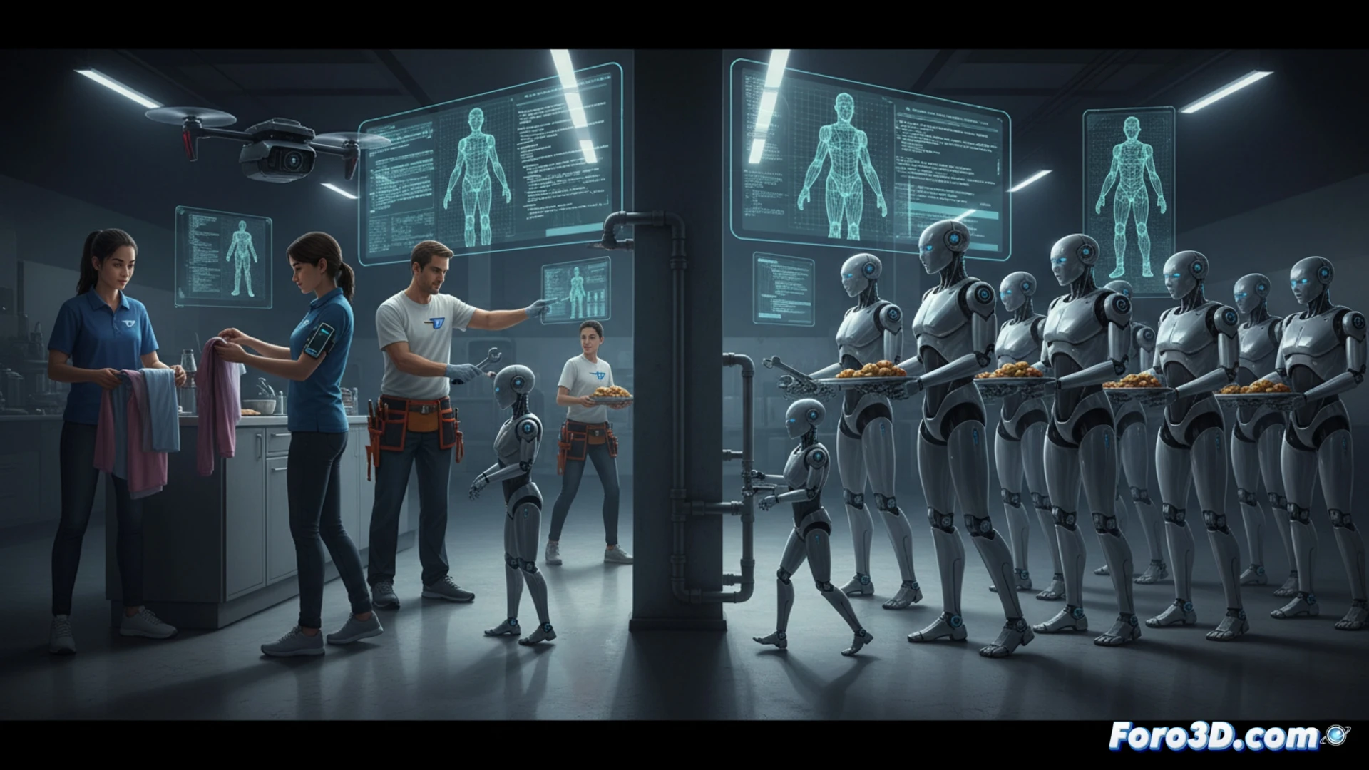 photorealistic scene of a human worker demonstrating dish-scrubbing motion while a humanoid robot observes and mirrors the action, kitchen environment with sink and dishes, worker wearing a motion-capture suit with visible sensors and cables, robot's camera eyes glowing blue, software interface panels floating in mid-air showing skeletal tracking lines and joint angles, dramatic side lighting casting long shadows, metallic robotic arms with exposed servos and wiring, wet plates and a sponge on the counter, cinematic technical illustration style, hyper-detailed textures on skin and metal, shallow depth of field focusing on the worker's hands and robot's grippers, industrial kitchen tiles reflecting fluorescent light