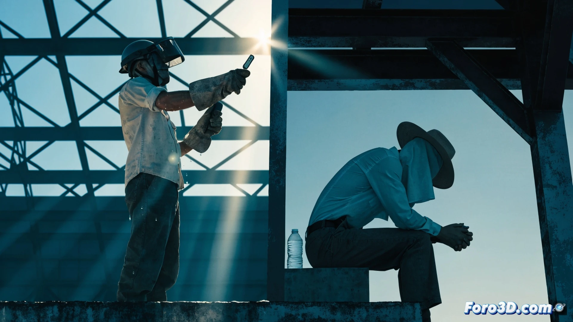 construction workers taking mandatory shaded rest breaks under a temporary canopy during extreme midday heat, digital thermometer showing 42 degrees Celsius, workers drinking from water bottles, safety helmets with cooling towels, bright sun casting sharp shadows, dust rising from dry ground, industrial site background with idle machinery, photorealistic technical illustration, cinematic lighting with high contrast between sunlit and shaded areas, ultra-detailed skin texture showing sweat, realistic fabric folds on high-visibility vests, engineering visualization style emphasizing safety protocols