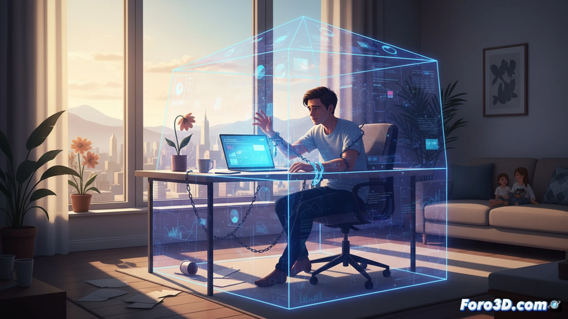 Solitario profesional sentado frente a un monitor triple en un salón vacío al atardecer, luz azul artificial iluminando su rostro mientras la luz natural se desvanece, ventana cerrada reflejando su silueta, auriculares inalámbricos puestos, taza de café frío olvidada junto al teclado mecánico, fondo de pantalla mostrando un escritorio de oficina vacío, postura encorvada durante una videollamada sin nadie visible, cámara web apagada, notificaciones de Slack acumulándose sin leer, angustia emocional mostrada en expresión tensa, cinematográfica y fotorrealista, iluminación contrastante entre pantalla y penumbra, estilo visual técnico dramático.