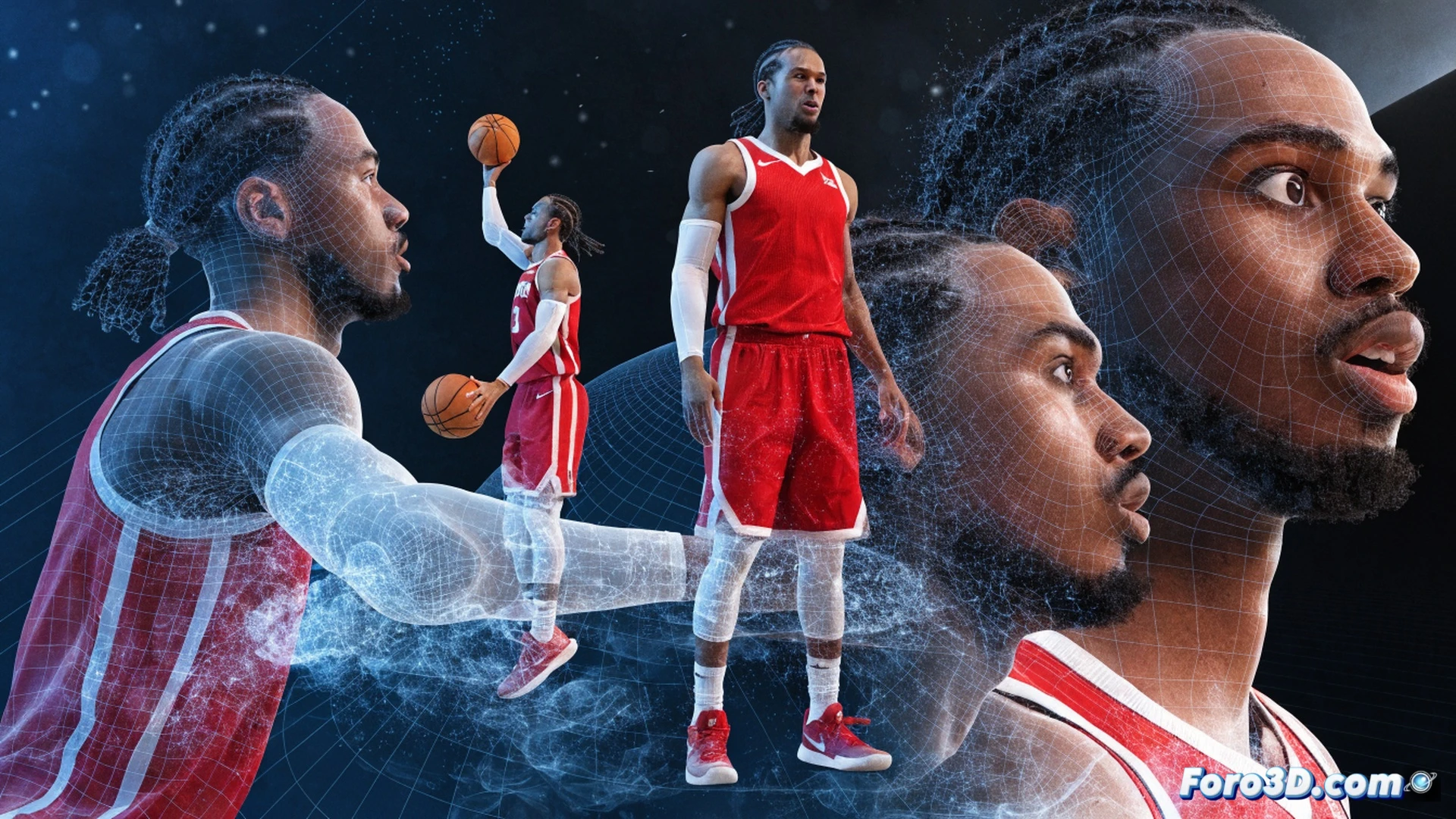 basketball player executing a no-look pass, ball mid-air with glowing trajectory lines showing parabolic arc and spin, 3D wireframe overlay of player skeleton and joint angles during release, motion blur on shooting hand, vector arrows indicating force distribution from legs through wrist, technical engineering visualization, dark court background, volumetric lighting highlighting ball and fingertips, photorealistic medical scan aesthetic, blue and orange holographic data streams around player, ultra-detailed muscle and bone structure visible through translucent skin