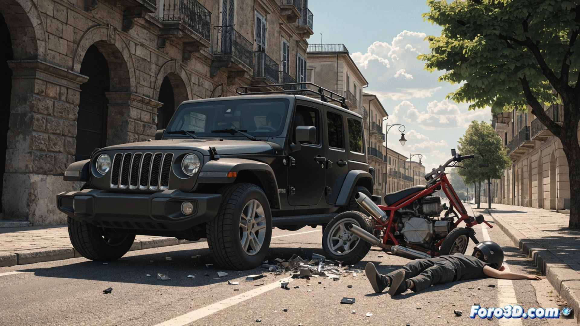 Minimoto derrapando lateralmente en asfalto mojado, colisión frontal contra parachoques de Jeep negro, casco infantil fracturado saltando por el impacto, ruedas delanteras del Jeep en frenada bloqueada dejando marcas de goma, servicios de emergencia con desfibrilador junto al cuerpo caído, luces azules intermitentes reflejándose en charcos, plano bajo dramático mostrando la violencia del choque, estilo cinematográfico fotorealista, iluminación crepuscular con neblina, textura granulada de asfalto y metal abollado, alta definición técnica de deformación estructural.