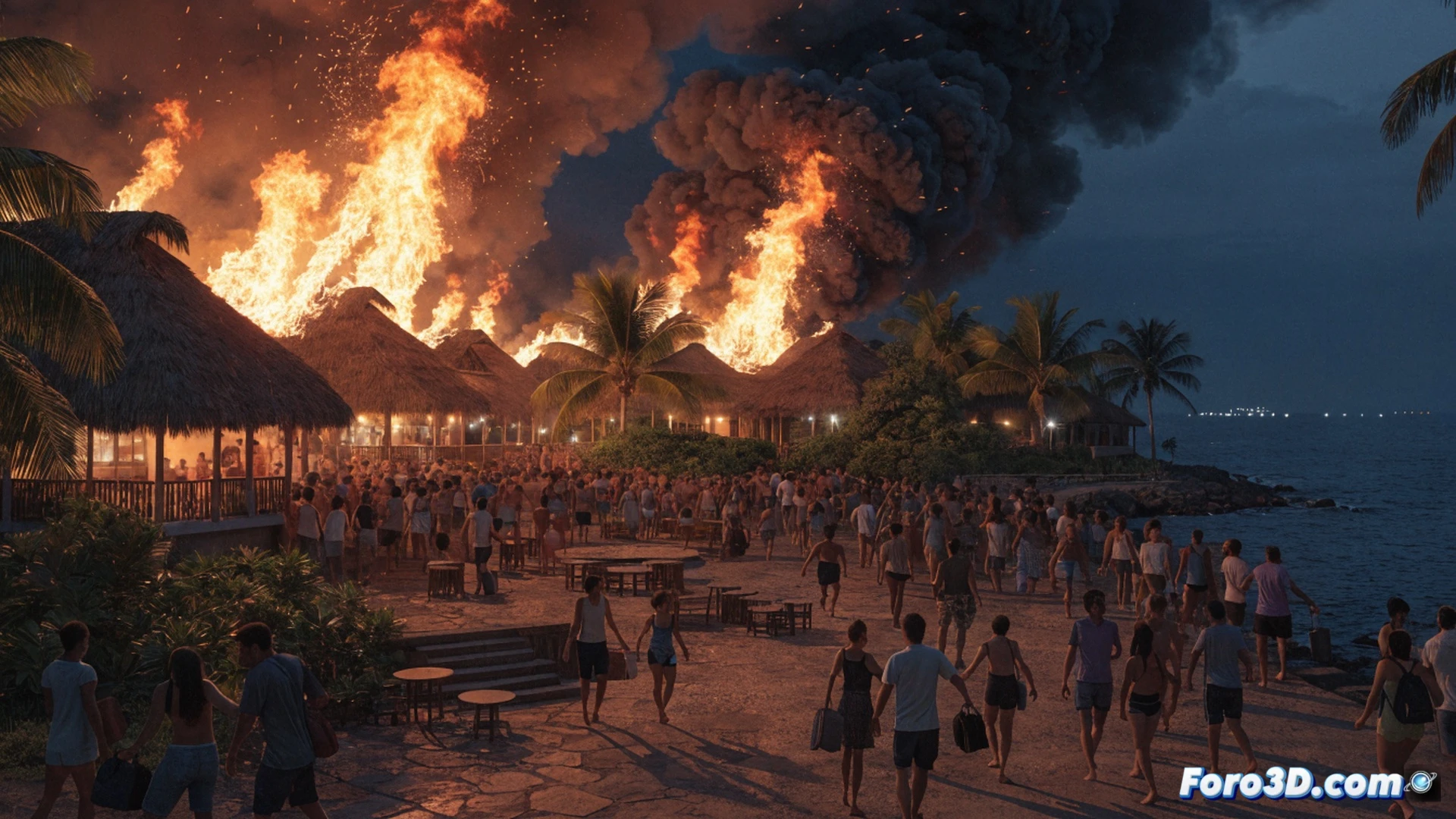 Hotel fire emergency evacuation scene, thatched roof engulfed in flames spreading rapidly across palm-frond structure, panicked tourists fleeing through smoke-filled lobby, fire extinguisher on wall, broken sprinkler system dripping water, staff guiding guests toward exit signs, cinematic photorealistic disaster visualization, dramatic orange-black smoke clouds, glowing embers falling, shattered glass on floor, emergency lighting casting harsh shadows, ultra-detailed tropical resort architecture, intense panic atmosphere, high-contrast lighting