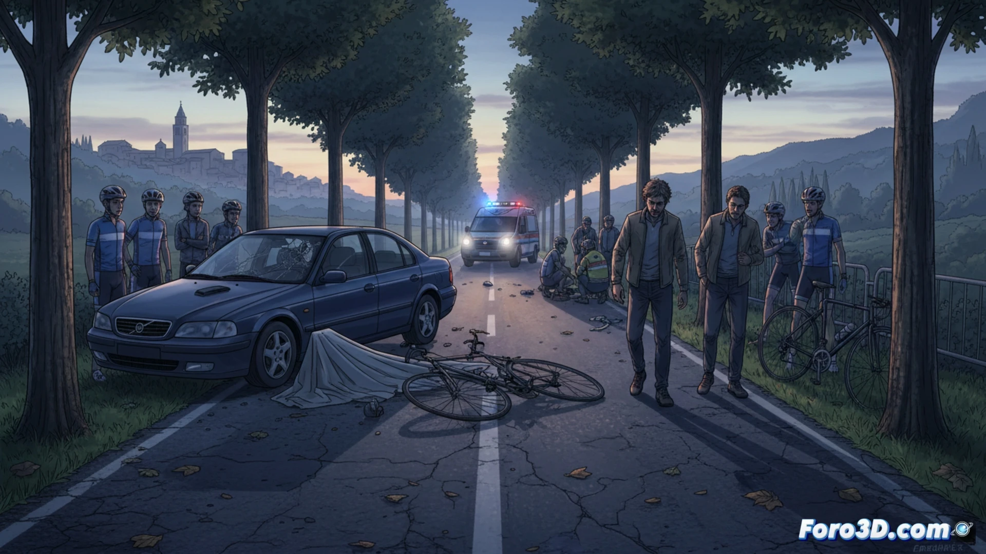 Ciclistas en carretera secundaria siendo arrollados por un vehículo a alta velocidad, bicicletas deformadas y fragmentos de plástico esparcidos sobre el asfalto mojado, luces de freno traseras iluminando la escena nocturna, neumáticos dejando marcas de derrape curvadas, faro del coche roto y humeante, fondo de campos oscuros y árboles borrosos, estilo cinematográfico fotorrealista, iluminación dramática de farola, ángulo bajo mostrando el impacto en movimiento, textura granulada de carretera rural, atmósfera tensa y trágica