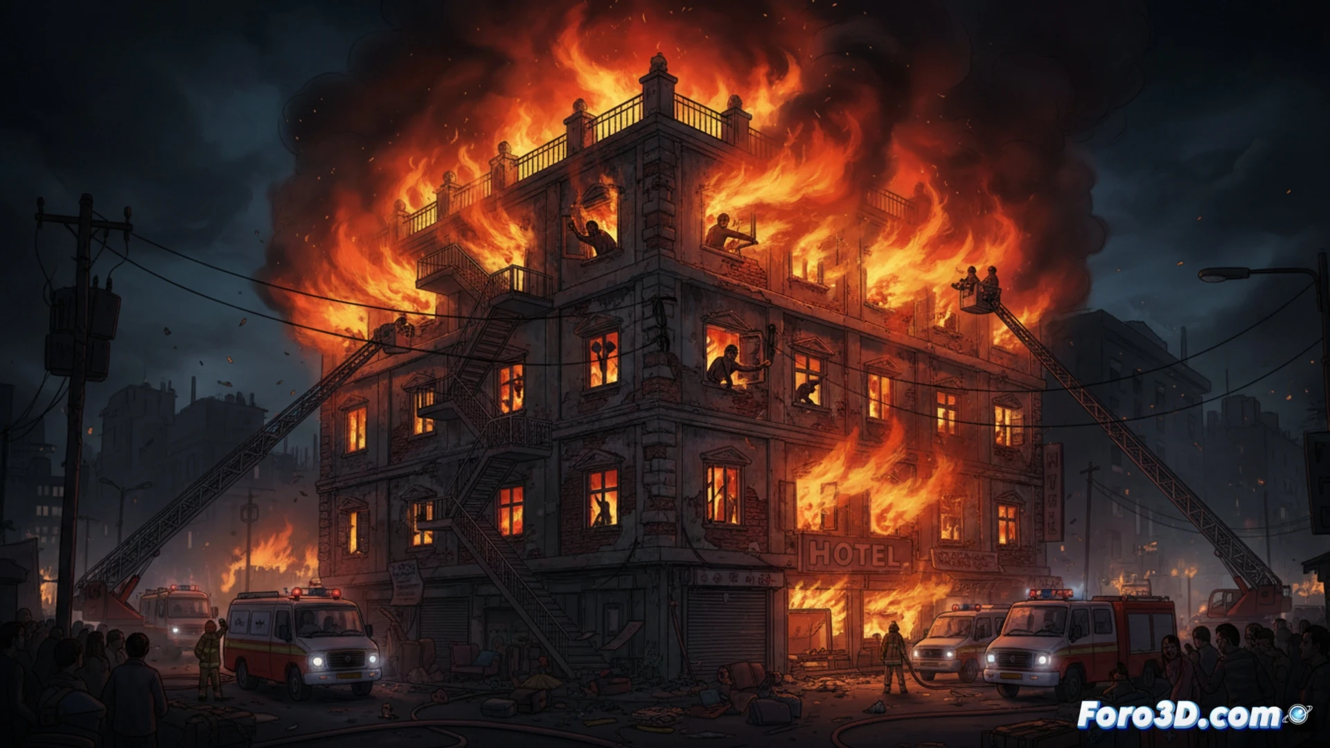 hotel building cross-section during fire, single narrow staircase overwhelmed with smoke, guests trapped on upper floors near windows, no sprinkler system visible, ventilation shafts blocked, emergency exit door locked with chain, fire spreading through uninsulated walls, cinematic photorealistic engineering visualization, dramatic orange-black smoke contrast, crumbling concrete details, charred electrical wires exposed, broken glass scattered, human silhouettes in distress behind barred windows, ultra-detailed architectural failure render, intense emergency lighting