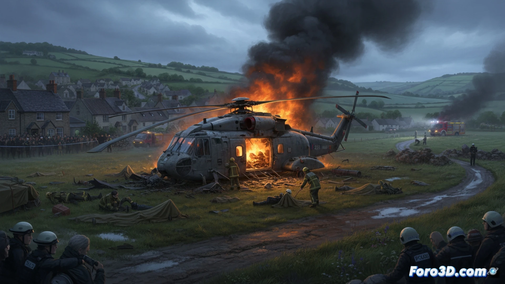helicóptero Merlin Mk4 envuelto en llamas en un campo de Devon durante ejercicio nocturno, rotor principal deformado y humo negro ascendiendo, tres cascos de vuelo caídos entre restos carbonizados, luces de emergencia rojas parpadeando en la cabina destrozada, técnicos forenses con trajes blancos examinando componentes del motor, cinta de seguridad amarilla rodeando el área, un dron de vigilancia sobrevolando la escena, casas residenciales al fondo iluminadas, estilo cinematográfico fotorrealista, iluminación dramática de incendio y focos de búsqueda, atmósfera de investigación técnica forense