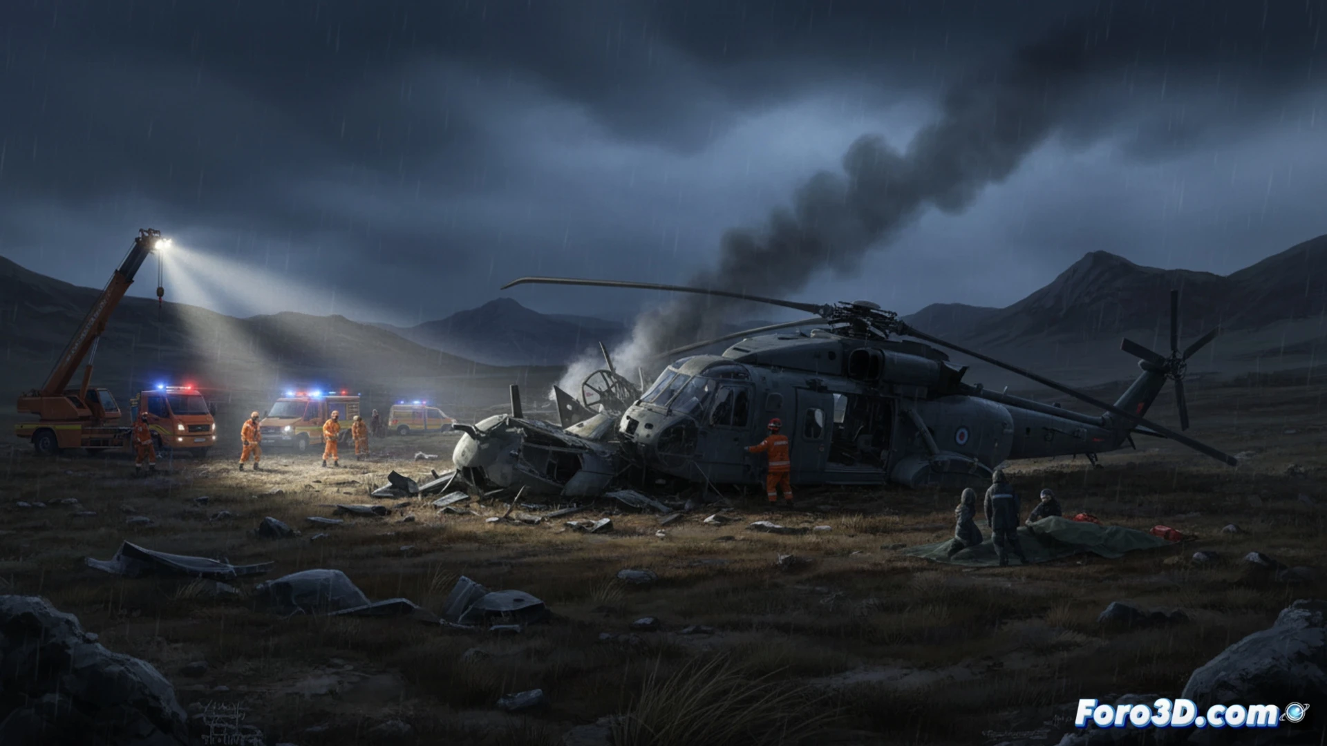 Merlin Mk4 helicóptero militar británico estrellándose en una colina oscura de Devon durante ejercicio nocturno, rotor principal desprendiéndose en llamas, fragmentos metálicos y polvo elevándose, cabina destrozada con instrumentos de vuelo y paneles de control expuestos, luces de emergencia rojas parpadeando entre los restos, humo denso y llamas anaranjadas iluminando el paisaje, árboles alrededor parcialmente calcinados, cielo nocturno con nubes bajas, estilo cinematográfico fotorrealista, iluminación dramática de incendio, texturas metálicas detalladas, atmósfera tensa y sombría, ultra realista.