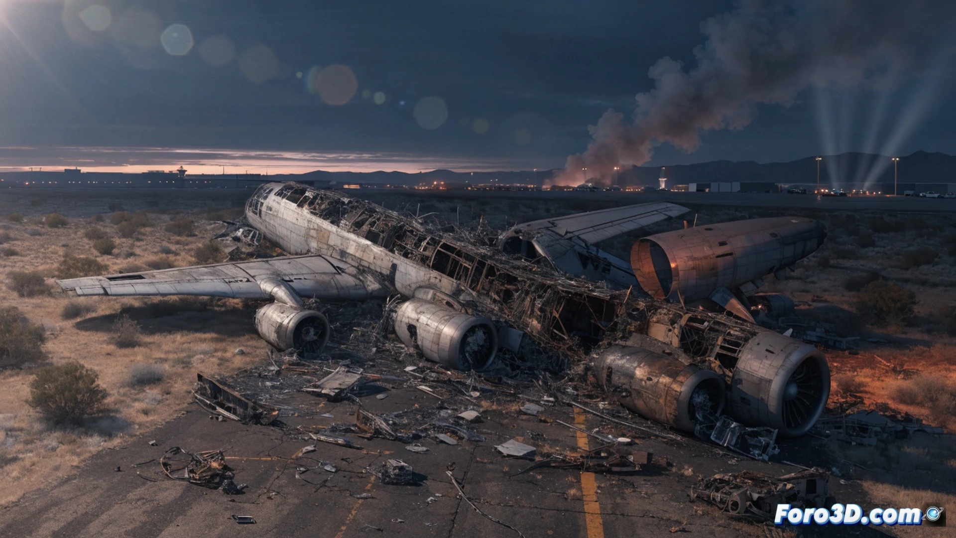 B-52 bombardero estrellándose en desierto de Mojave, alas rotas y fuselaje partido en llamas, humo negro elevándose, restos metálicos esparcidos, equipos de emergencia con camiones de bomberos llegando, base aérea Edwards al fondo, pista de aterrizaje cerrada con barreras, ingenieros militares analizando fragmentos carbonizados, herramientas de inspección sobre el suelo, luces de búsqueda iluminando la escena nocturna, estilo cinematográfico fotorrealista, iluminación dramática con destellos anaranjados, cielo oscuro con nubes de humo, texturas metálicas quemadas y polvo levantado, composición épica y técnica
