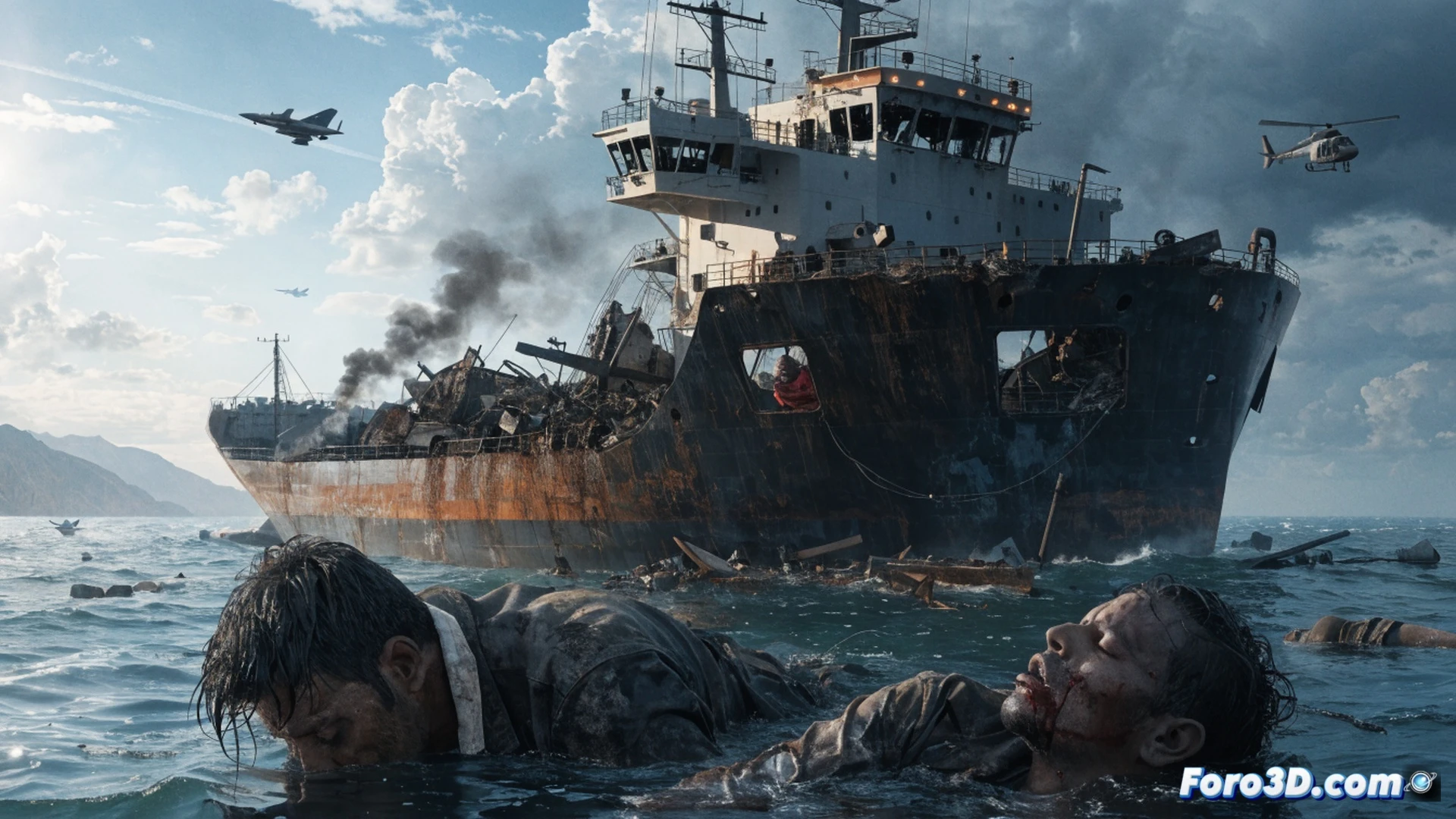 Three Indian sailors falling from a burning oil tanker in the Gulf of Oman, one young man in a marine engineer uniform clutching a loan document slipping into dark water, US Navy warship silhouette firing missiles in background, oil barrels rupturing with black smoke, photorealistic cinematic visualization, maritime disaster scene, cold blue ocean waves, orange fire reflections, debris floating, dramatic wide-angle shot, ultra-detailed ship hull damage, emotional tragedy atmosphere, no text or numbers visible