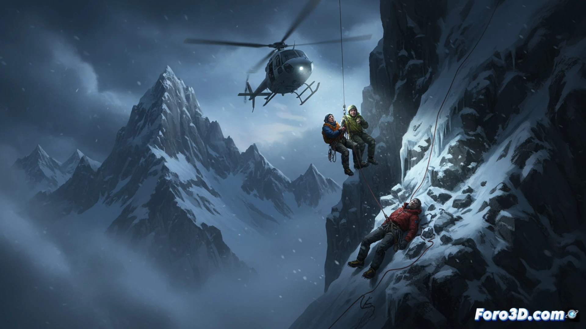 Alpinista cayendo por la pared norte del Gran Paradiso, cuerda de seguridad rota cerca del arnés, piolet y crampones desprendiéndose mientras el cuerpo impacta contra la roca, dos compañeros asegurados en una repisa observando aterrados, helicóptero de rescate aproximándose con piloto visible en cabina, niebla baja rodeando el pico nevado, luces estroboscópicas del helicóptero iluminando la escena, estilo cinematic photorealistic, composición vertical dramática, textura de hielo y granito detallada, sensación de movimiento y gravedad, iluminación fría de alta montaña.