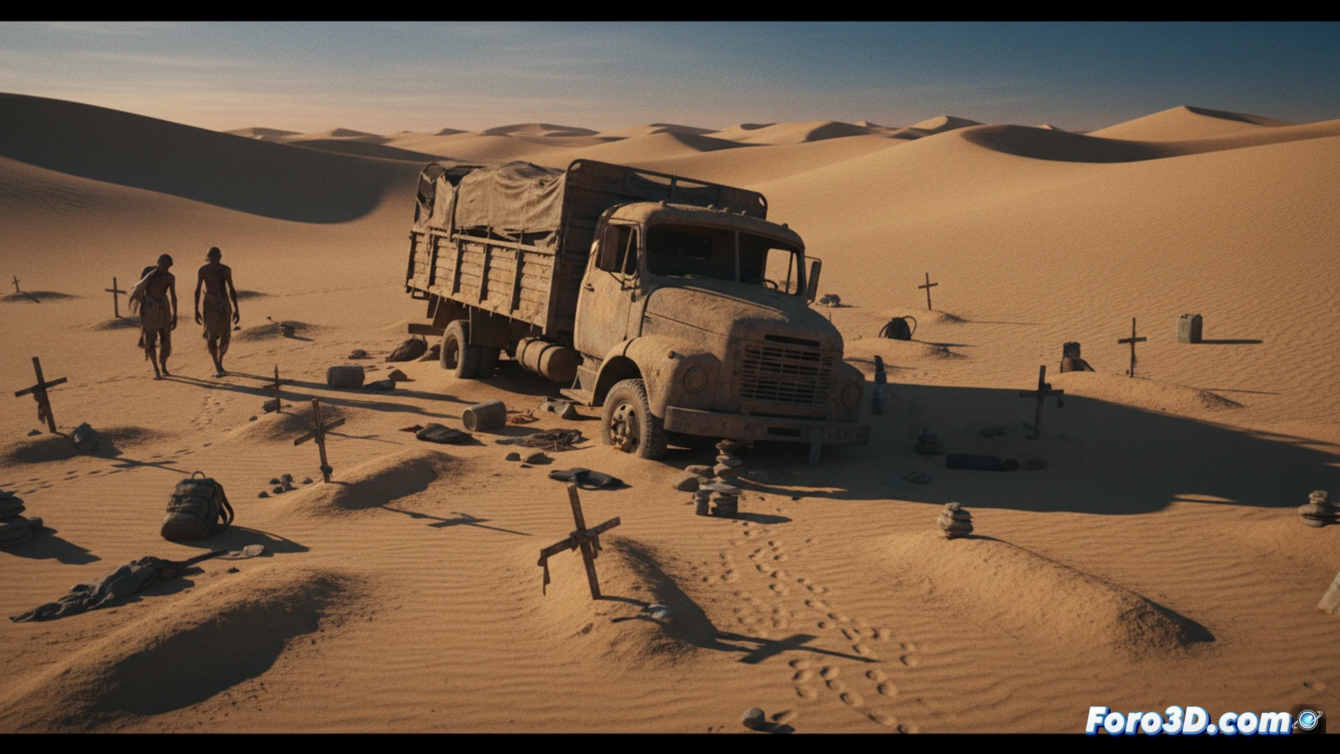 abandoned truck half-buried in Sahara sand dunes at sunset, mechanical failure visible with engine hood open and scattered parts, two men walking away in distance across endless desert, heat haze distorting horizon, empty water containers lying on ground, tracks fading into sand, cinematic photorealistic style, dramatic golden-orange lighting, extreme wide shot emphasizing isolation, ultra-detailed sand texture, worn metal surfaces, harsh shadows, documentary photography aesthetic, no text or numbers