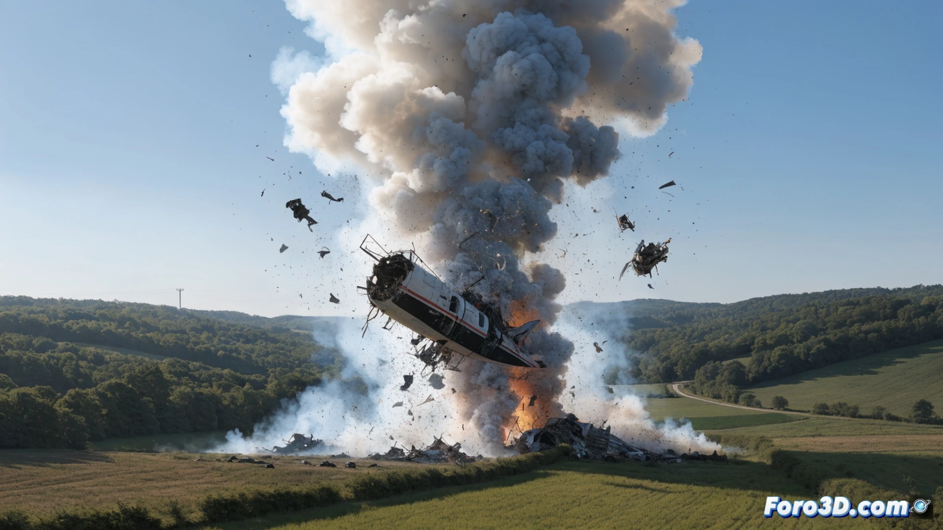 small aircraft wreckage in a grassy field, emergency responders in bright vests moving around twisted metal, broken wing section with exposed structural ribs, scattered parachute fabric tangled in debris, smoke rising from crumpled fuselage, cinematic photorealistic style, overcast sky, dramatic low-angle shot, forensic investigation tools visible on ground, measuring tapes and evidence markers placed near impact crater, shattered cockpit instruments reflecting faint light, grim industrial lighting, ultra-detailed mechanical failure details, motion blur of rescue personnel, realistic environmental destruction