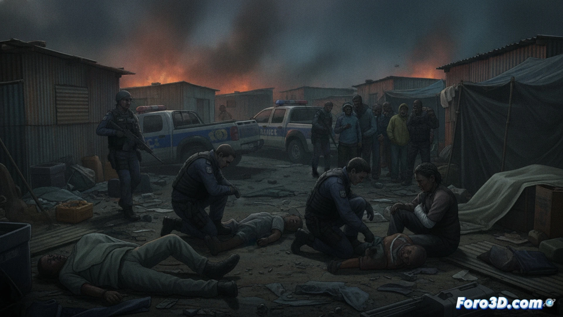 nighttime attack scene in a South African informal settlement, armed suspects jumping out of a white Toyota bakkie, muzzle flashes from multiple rifles illuminating corrugated iron shacks, residents scattering in panic, overturned cooking fire and scattered belongings on dusty ground, forensic evidence markers placed near shell casings, police tape and emergency vehicle lights in background, cinematic photorealistic visualization, dramatic low-angle shot, smoke haze from gunfire, harsh contrast between police floodlights and darkness, ultra-detailed textures of rusted metal and dirt, tense action frozen in mid-motion, technical crime scene documentation style
