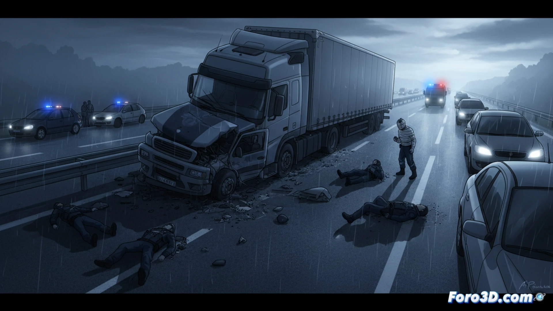 collision sequence on AP-8 highway, five police officers inside overturned van, front impact against tanker truck, twisted metal and broken glass, emergency lights flashing, road barriers damaged, asphalt skid marks, diesel spill reflecting dawn light, cinematic photorealistic style, dramatic low-angle shot, rain-soaked pavement, foggy Basque landscape, wreckage smoking, hazard cones scattered, technical accident reconstruction visualization, detailed vehicle deformation, realistic crash dynamics, somber industrial lighting, ultra-detailed mechanical failure points