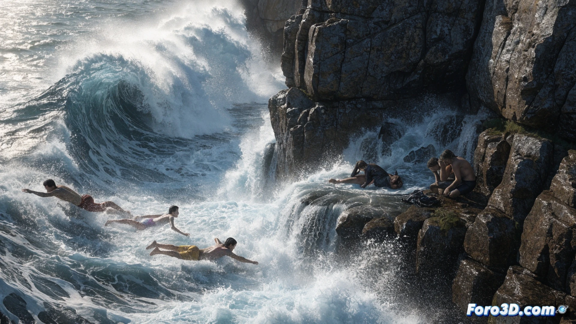 Oleaje violento rompiendo contra formaciones rocosas afiladas en la playa de la Arrabassada, tres jóvenes luchando por salir del agua mientras las olas los golpean contra las piedras, uno de ellos sumergido parcialmente entre rocas, brazos extendidos en señal de auxilio, ausencia total de torre de vigilancia o equipos de rescate, cielo gris tormentoso, espuma blanca salpicando, textura húmeda y resbaladiza en las rocas, estilo cinematográfico realista, iluminación dramática con contrastes oscuros, cámara baja desde el nivel del mar, sensación de peligro inminente y desesperación, fotorealismo técnico.