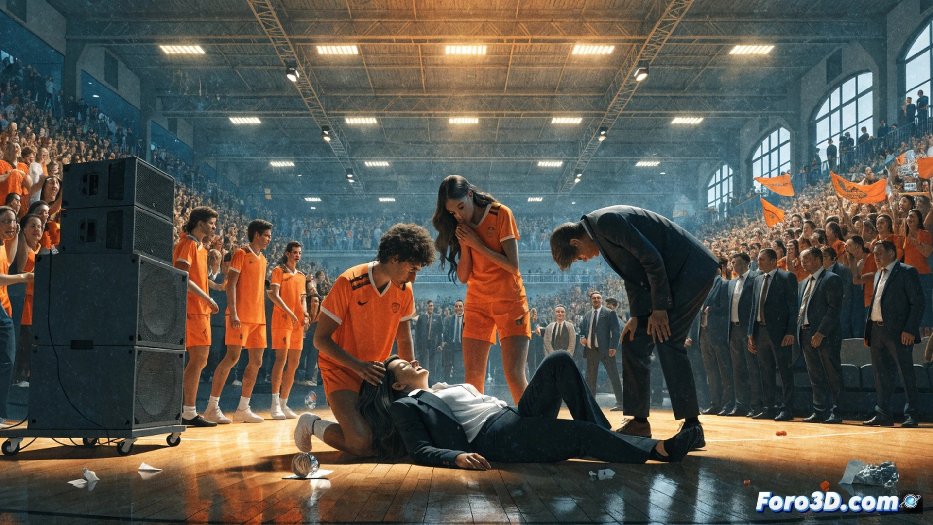 futsal court indoor sports arena, female players celebrating with raised arms while medical team performs emergency CPR on a collapsed middle-aged woman near the sideline, defibrillator pads visible on chest, oxygen mask being applied, coach kneeling with anguished expression, trophy fallen on floor, contrast between joyful confetti and tragic medical intervention, photorealistic sports documentary style, harsh overhead floodlights, motion blur on running paramedics, emotional tension, realistic skin tones and sweat, dramatic chiaroscuro lighting, ultra-detailed athletic gear and medical equipment