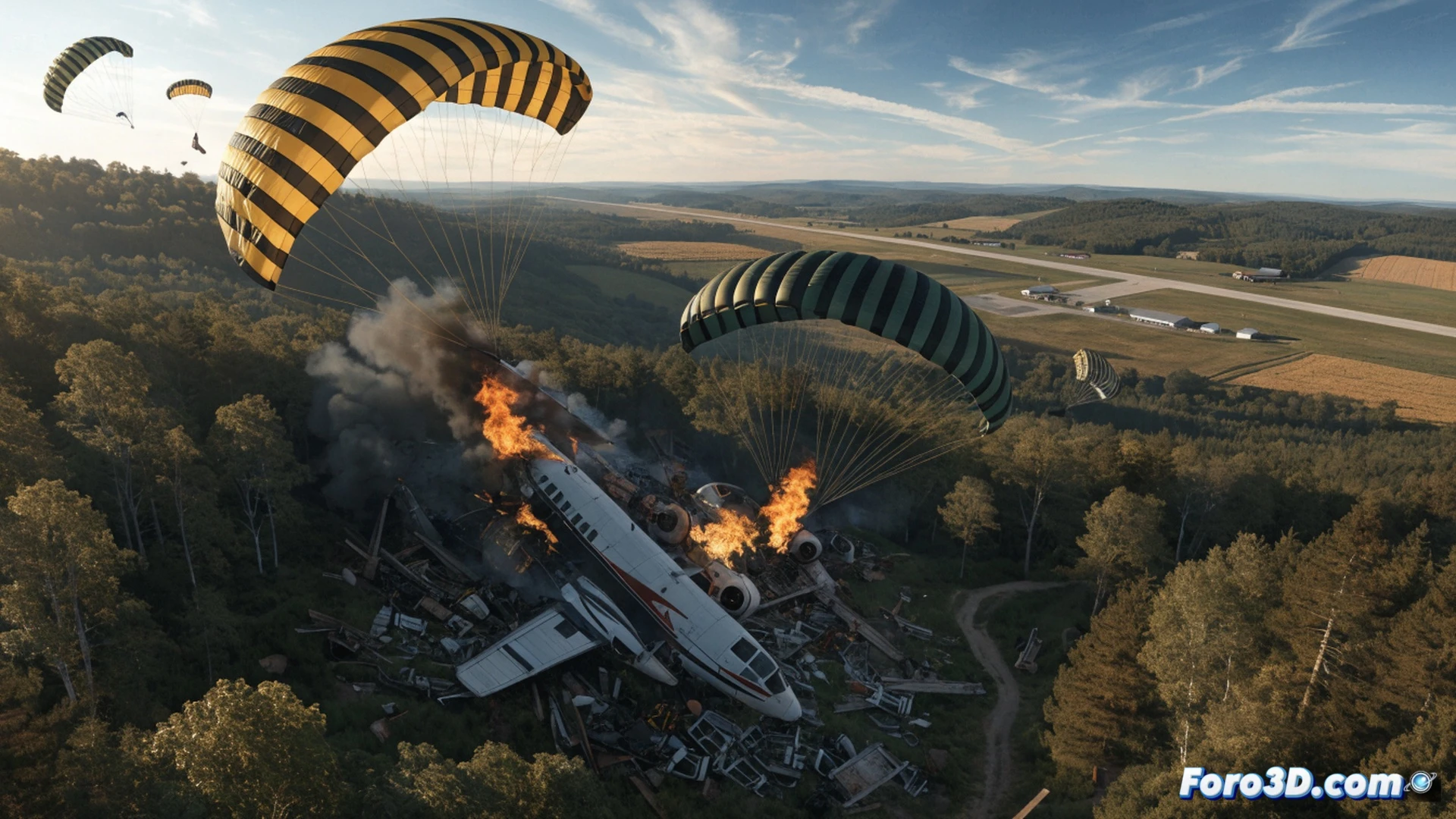 small aircraft wreckage scattered across a grassy field near a rural road, twisted metal fuselage with torn wings, emergency responders in bright vests approaching the crash site, smoke rising from the engine compartment, broken landing gear visible, clear blue sky with faint contrail overhead, cinematic photorealistic style, dramatic afternoon sunlight casting long shadows, debris field showing impact trajectory, ultra-detailed mechanical destruction, somber atmospheric lighting, technical accident scene visualization