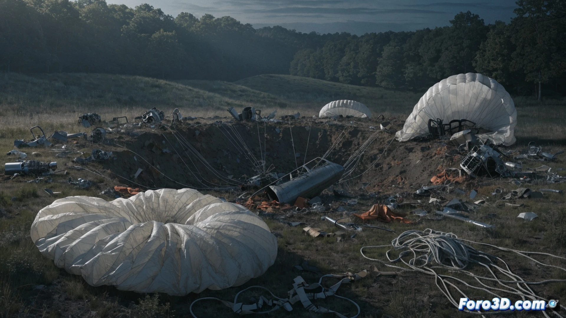 small private aircraft crash scene moments after takeoff, wing section fractured near fuel tank, smoke rising from wreckage near highway guardrail, emergency responders arriving with flashing lights, twisted metal and scattered parachute fabric on grass, cinematic photorealistic technical illustration, dramatic overcast sky, debris field with aerodynamic fragments, forensic investigation markers on ground, ultra-detailed mechanical failure visualization, somber industrial lighting, high-contrast shadows, realistic aviation accident reconstruction style
