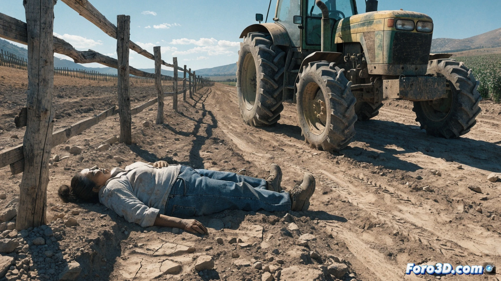 agricultural tractor with rear wheel pinning a woman to the ground in a dry sun-baked field, hot shimmering haze rising from cracked earth, a straw hat and gardening gloves scattered nearby, tractor engine still running with exhaust fumes visible, digital thermometer on tractor dashboard showing 42 grados Celsius, cinematic photorealistic visualization, dramatic midday sunlight casting harsh shadows, dust particles suspended in air, emergency warning triangle fallen on ground, ultra-detailed mechanical parts of tractor wheel, realistic heat wave distortion effect, technical scene demonstrating fatal workplace accident during extreme heat