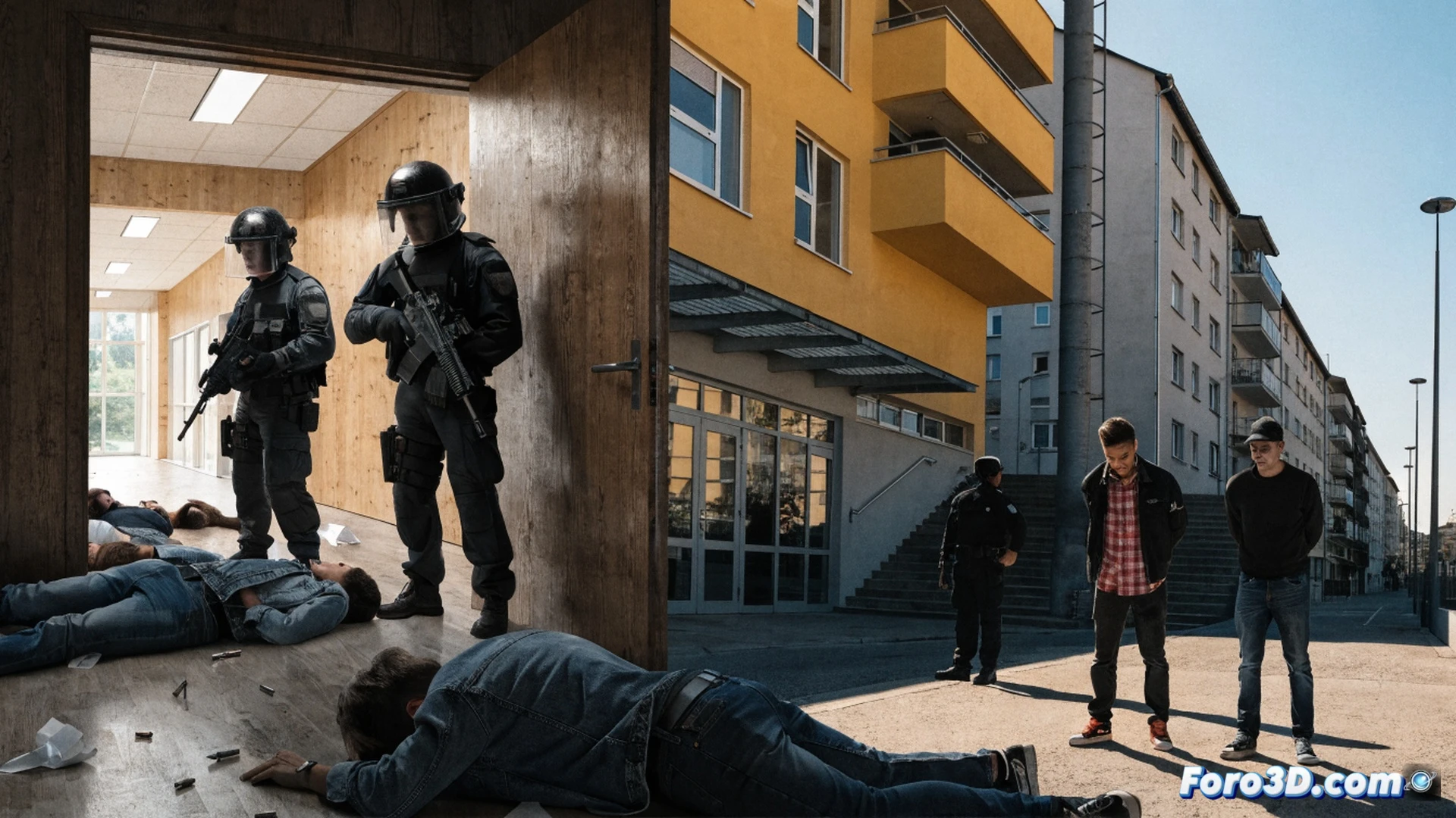 German youth center exterior at dawn, police emergency vehicles with flashing blue lights surrounding the building, forensic investigators in protective suits examining evidence near the entrance, yellow crime scene tape cordoning off the area, shattered glass fragments on the pavement, two handcuffed suspects being escorted by officers, grieving residents gathered behind barriers, cinematic photorealistic style, overcast winter sky, muted gray-blue color palette, dramatic shadow play from vehicle headlights, ultra-detailed architectural textures, somber documentary photography aesthetic, motion blur on police activity, technical forensic lighting.