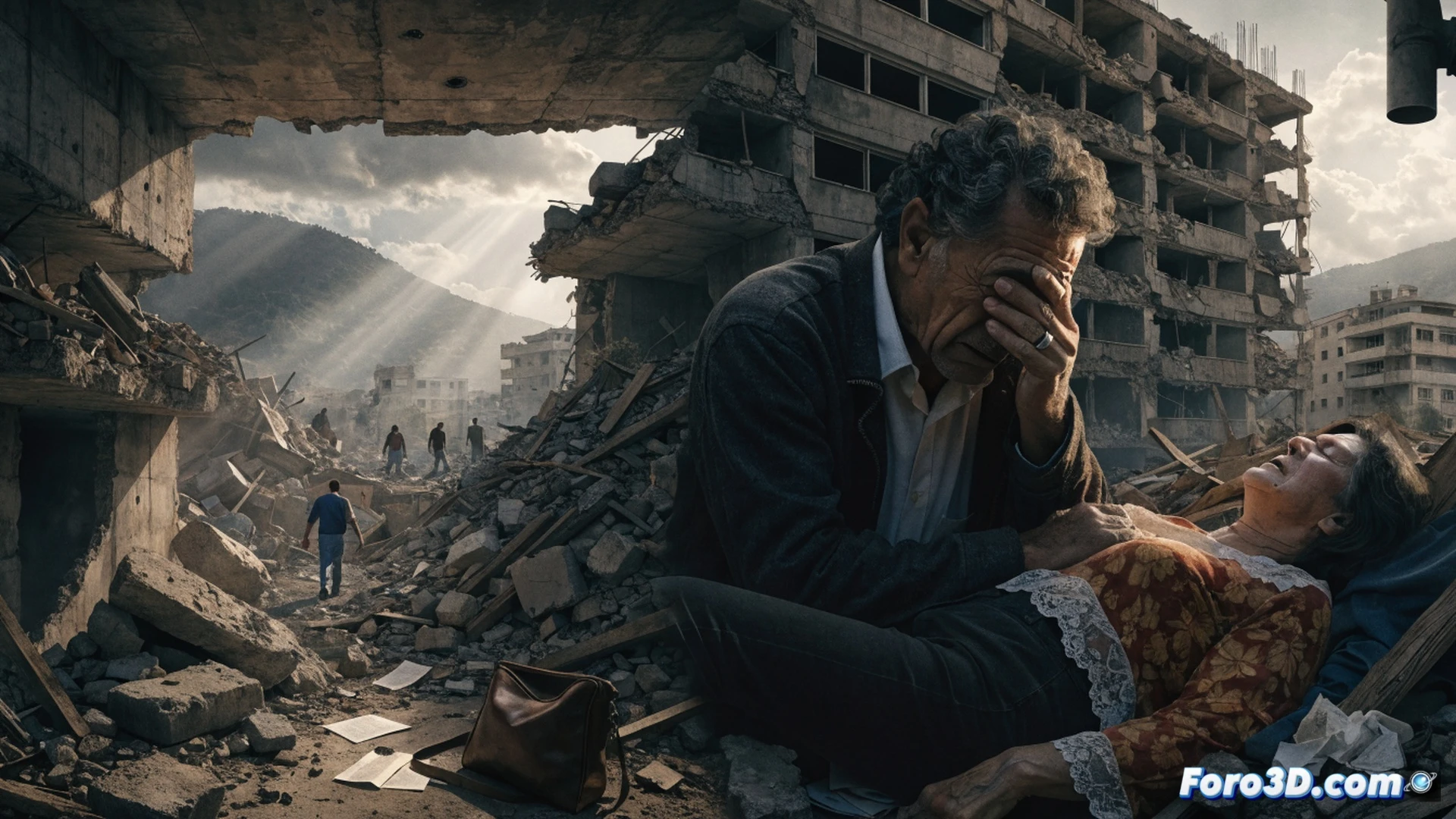 Cinematic scene of a collapsed concrete building in a Venezuelan city, rescue workers in orange helmets and blue uniforms using hydraulic cutting tools and seismic sensors amid twisted rebar and dust, broken floor slabs tilted at dangerous angles, a Basque woman s red scarf visible under debris, her husband in a dark jacket being pulled away by a paramedic, emergency lights flashing, cracked pavement, overturned car with smashed windshield, photorealistic disaster visualization, dramatic smoky atmosphere, high-angle wide shot showing urban destruction, technical rescue equipment in action, realistic rubble textures, intense chiaroscuro lighting, hyperdetailed structural failure details
