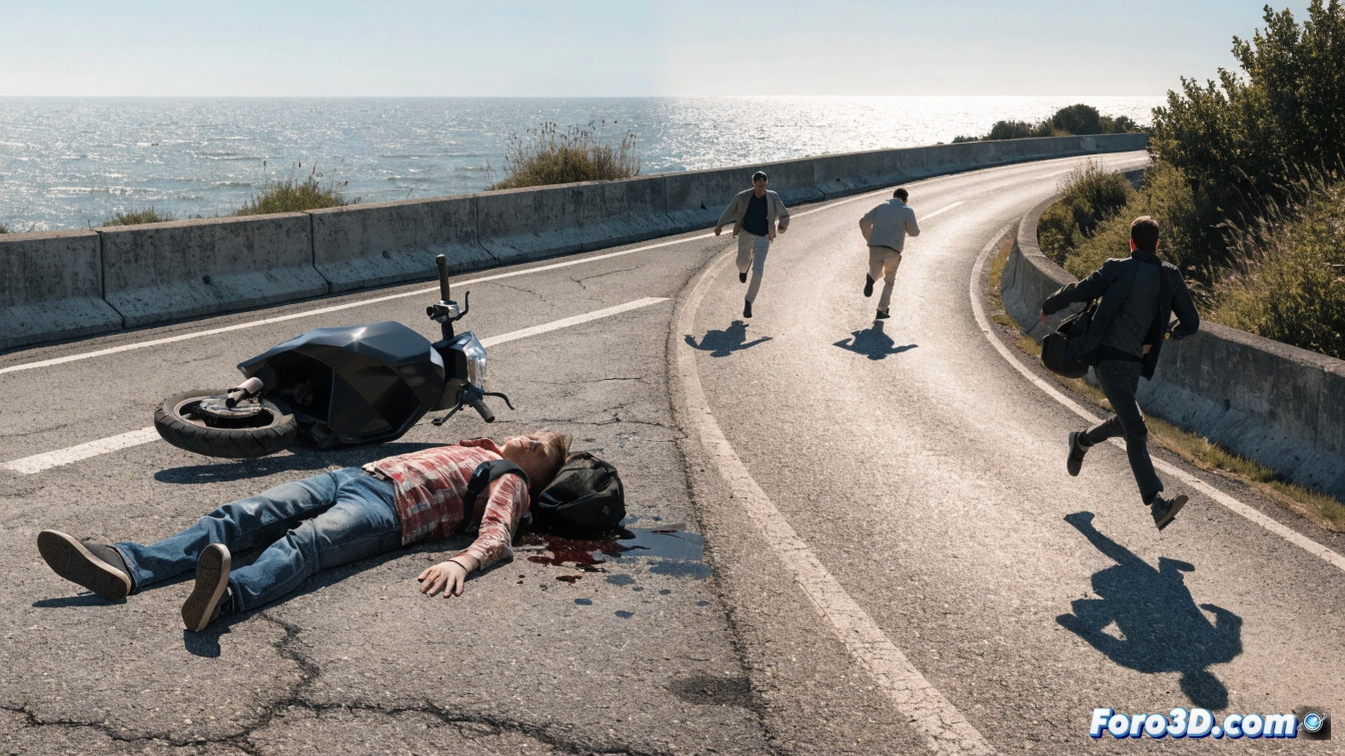 nighttime coastal road accident scene, overturned scooter with shattered headlight on asphalt, a dark SUV with Swiss license plate making an illegal U-turn near a nightclub entrance, three silhouettes fleeing on foot into a pine forest, a teenage boy lying motionless on the ground, another injured person being attended by bystanders, broken scooter parts scattered, police lights flashing in the distance, cinematic photorealistic style, dramatic street lighting with neon reflections from the club, wet road surface, forensic investigation markers, tension and urgency in the composition, wide-angle dramatic perspective, ultra-detailed vehicle damage and debris, moody chiaroscuro lighting