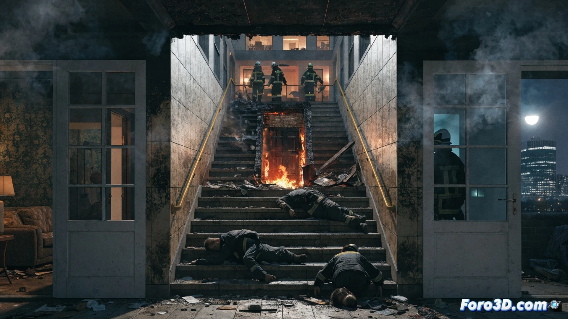three-storey London brick building at night with flames erupting from second-floor windows, firefighters on aerial ladder rescuing a person from a third-floor balcony, smoke billowing into the dark sky, fire truck with flashing blue lights in the street below, broken fire alarm panel on exterior wall with warning lights, cinematic photorealistic style, dramatic illumination from fire and emergency lights, high-contrast shadows, realistic brick textures, motion blur on smoke and flames, detailed firefighter gear and equipment, urban night scene with wet pavement reflecting flames