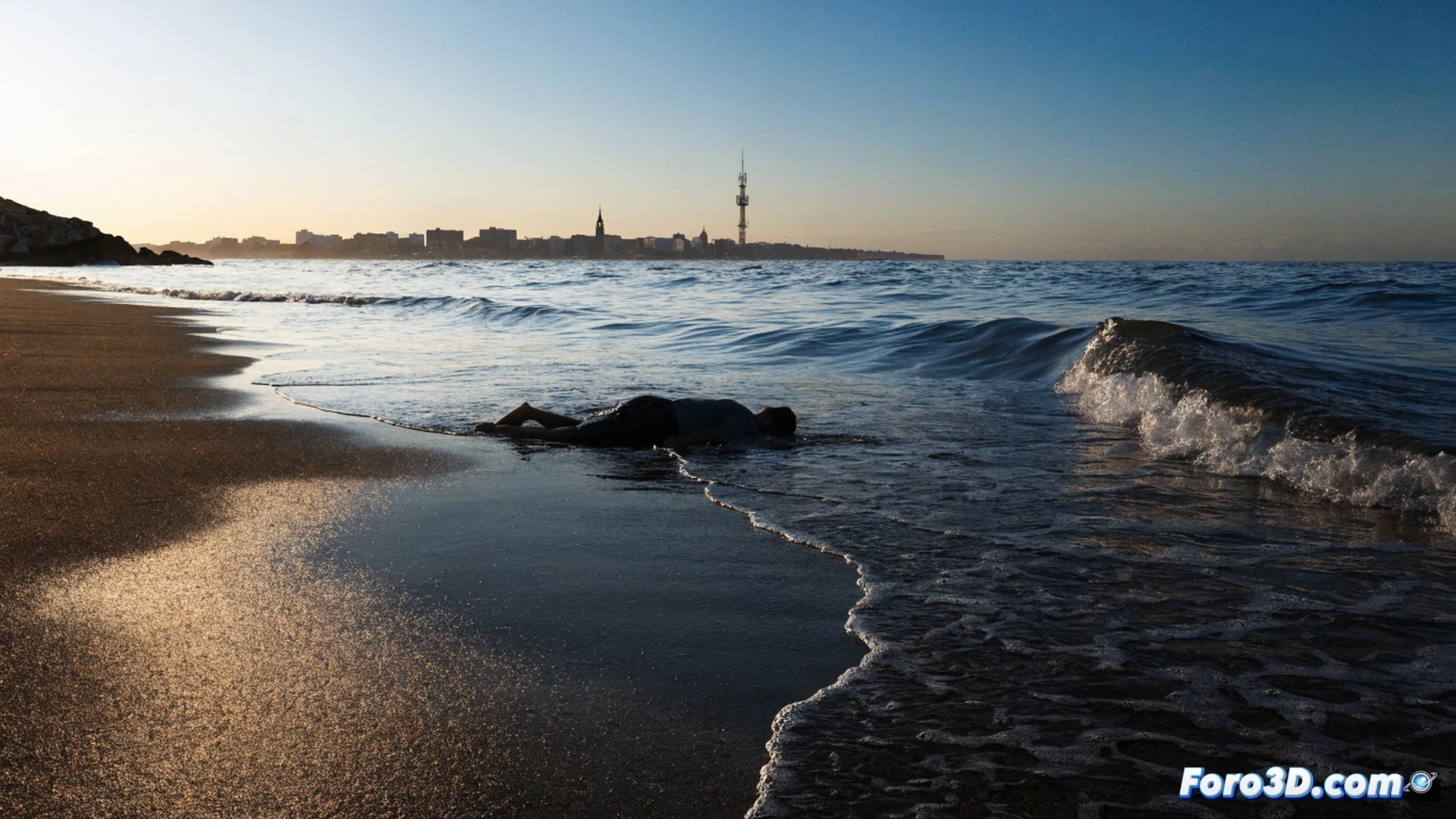 early morning beach scene at Sant Miquel, Barcelona, empty shoreline with gentle waves, a lone figure floating face-down near the water edge, no lifeguard tower visible, emergency vehicles arriving with flashing lights in distant background, technical illustration style showing the absence of surveillance equipment, warning signs partially buried in sand, cinematic lighting with pale dawn sky, photorealistic render emphasizing the critical lack of rescue tools, wet sand reflecting morning light, abandoned towel and bag on shore, dramatic atmosphere demonstrating the danger of swimming outside guarded hours