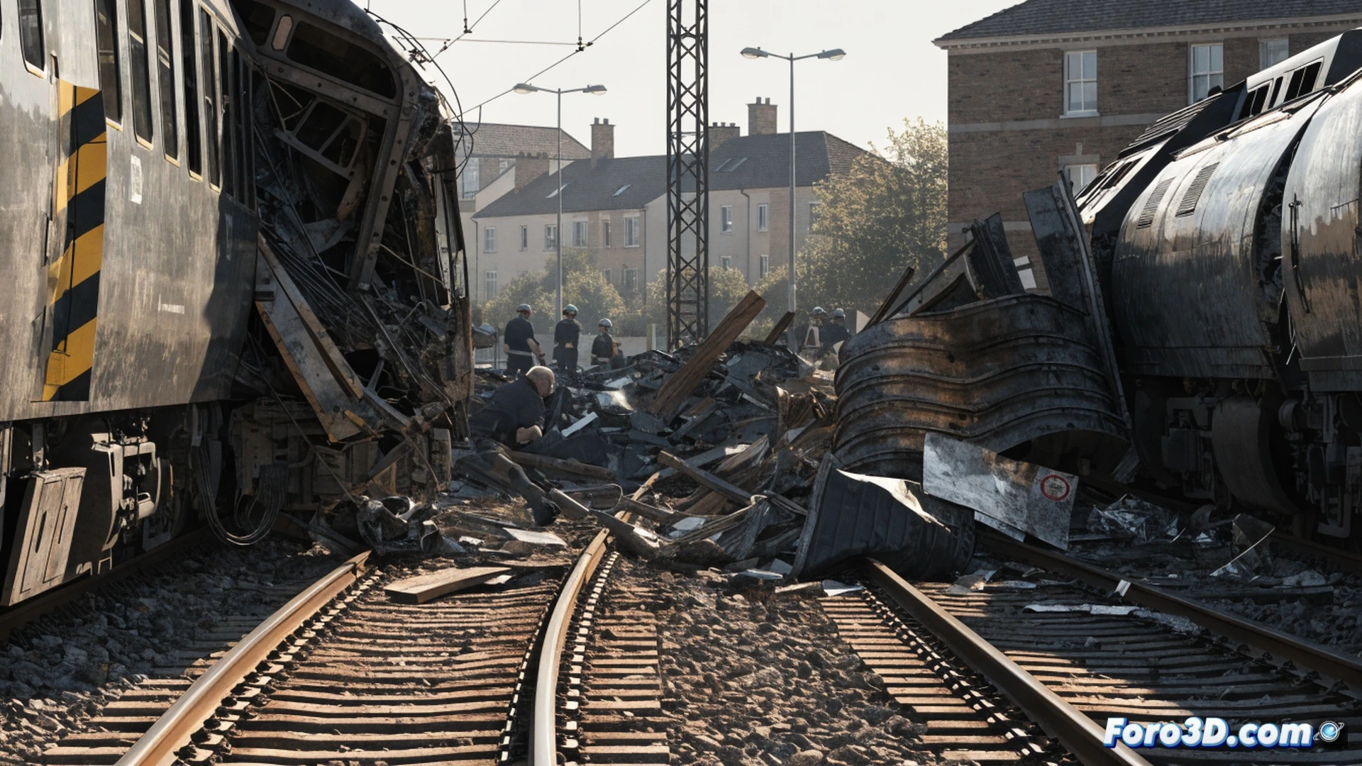 Dos trenes de pasajeros colisionando lateralmente en una vía férrea cerca de Bedford, con un maquinista en cabina impactada, cristales rotos y deformación metálica, mientras pasajeros caen dentro de vagones inclinados, herramientas de emergencia y equipos de señalización ferroviaria rotos sobre los rieles, estilo cinematográfico fotorrealista, iluminación industrial dramática con destellos de chispas, humo gris elevándose, detalles hiperrealistas de acero retorcido y ruedas descarriladas, ángulo bajo mostrando la violencia del impacto, texturas de óxido y polvo, atmósfera de caos y tragedia.