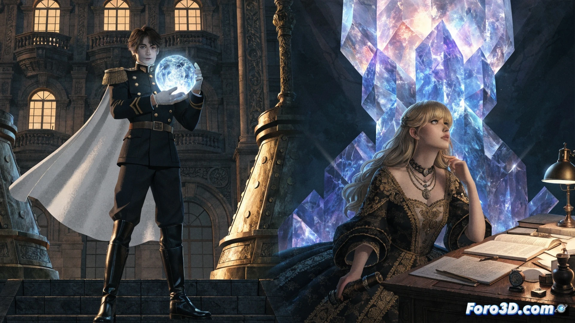 cinematic fantasy illustration of Cassius Bright in military uniform drawing a glowing orbment device, crystalline magic particles swirling around his hand, Queen Alicia standing beside a war table with tactical maps, background showing a castle interior with stained glass windows, orbment slots emitting colored light, cooking ingredients scattered on a side table near a campfire, combat interface elements floating in mid-air showing crystal upgrade slots, dramatic lighting from stained glass casting colored shadows, detailed armor textures, magical energy trails connecting crystals, photorealistic technical fantasy render