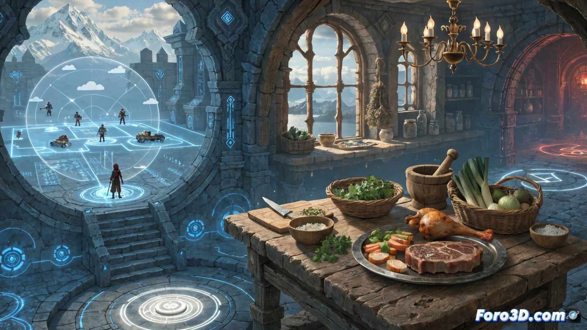 rpg character selecting quartz slot in combat menu, glowing seventh slot being filled with a red crystal, spellcasting interface showing enhanced magic effects, cooking pot on a campfire beside the battlefield, steam rising from a dish that heals party members, enemies staggered by a thrown food item mid-explosion, cinematic fantasy battle scene, isometric tactical view, glowing runic patterns on weapons, vibrant cel-shaded anime art style, dynamic action freeze-frame, dramatic lighting, particle effects for magic and cooking, ultra-detailed character sprites and environment