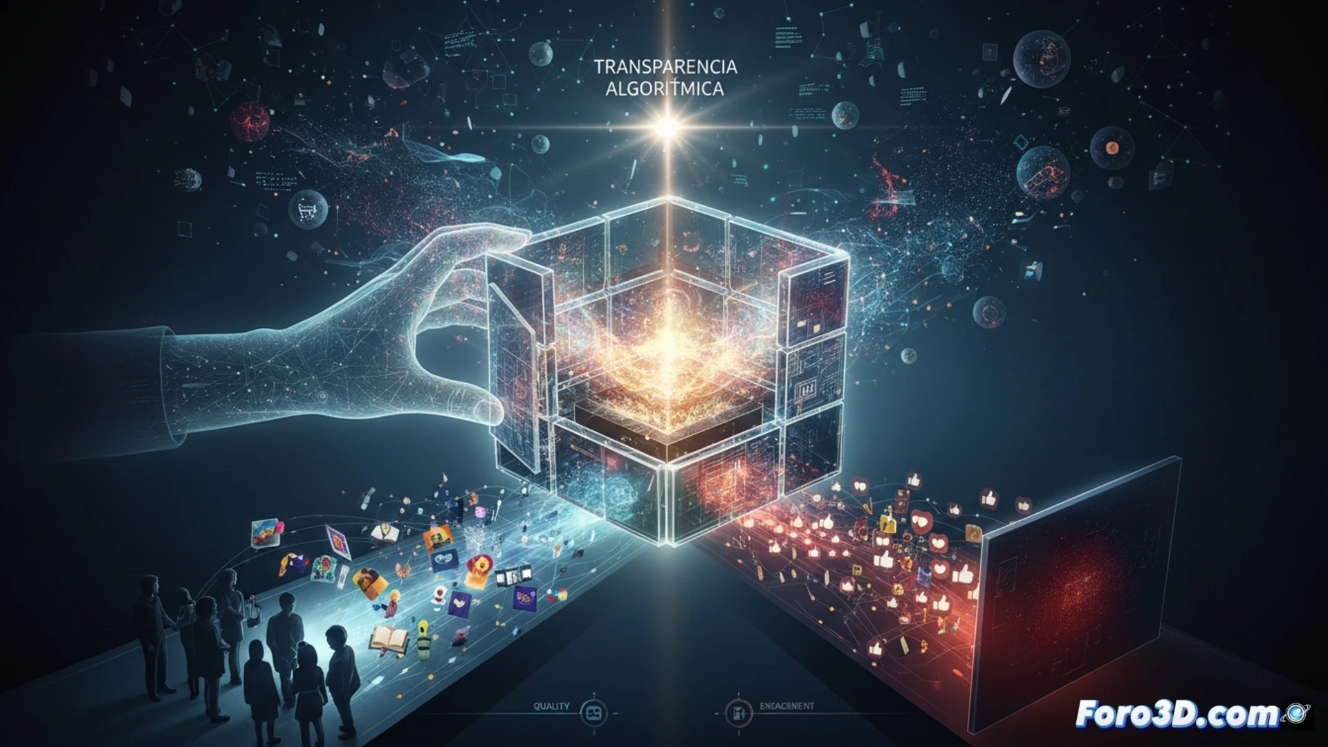 Exploded view of a recommendation algorithm engine, transparent cube revealing glowing gears and data streams, a creator holding a magnifying glass over the mechanism while a user adjusts a visible feedback lever, software code panels floating in the background showing rule logic, gears labeled with engagement metrics being bypassed by a clear quality pathway, cinematic technical illustration, dramatic blue and orange lighting, photorealistic engineering visualization, sharp focus on the transparent layers and mechanical components.