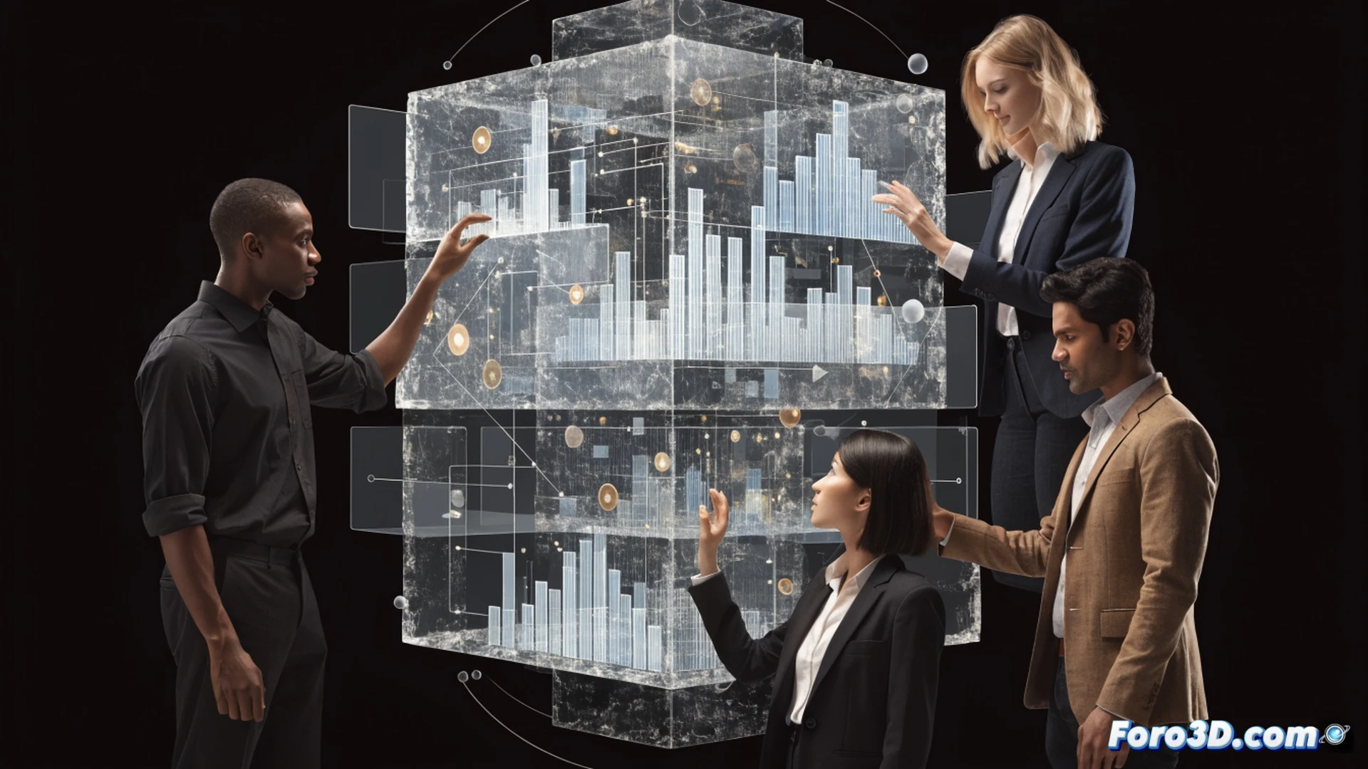 Modern office interior, diverse professionals gathered around a transparent digital salary board displaying anonymous salary ranges, a woman pointing at a data discrepancy while holding a tablet showing gender pay gap statistics, colleagues examining the information, holographic job posting panels with visible salary brackets floating nearby, realistic corporate lighting, clean minimalist workspace, subtle EU flag colors integrated into design elements, photorealistic technical illustration, cinematic composition with shallow depth of field