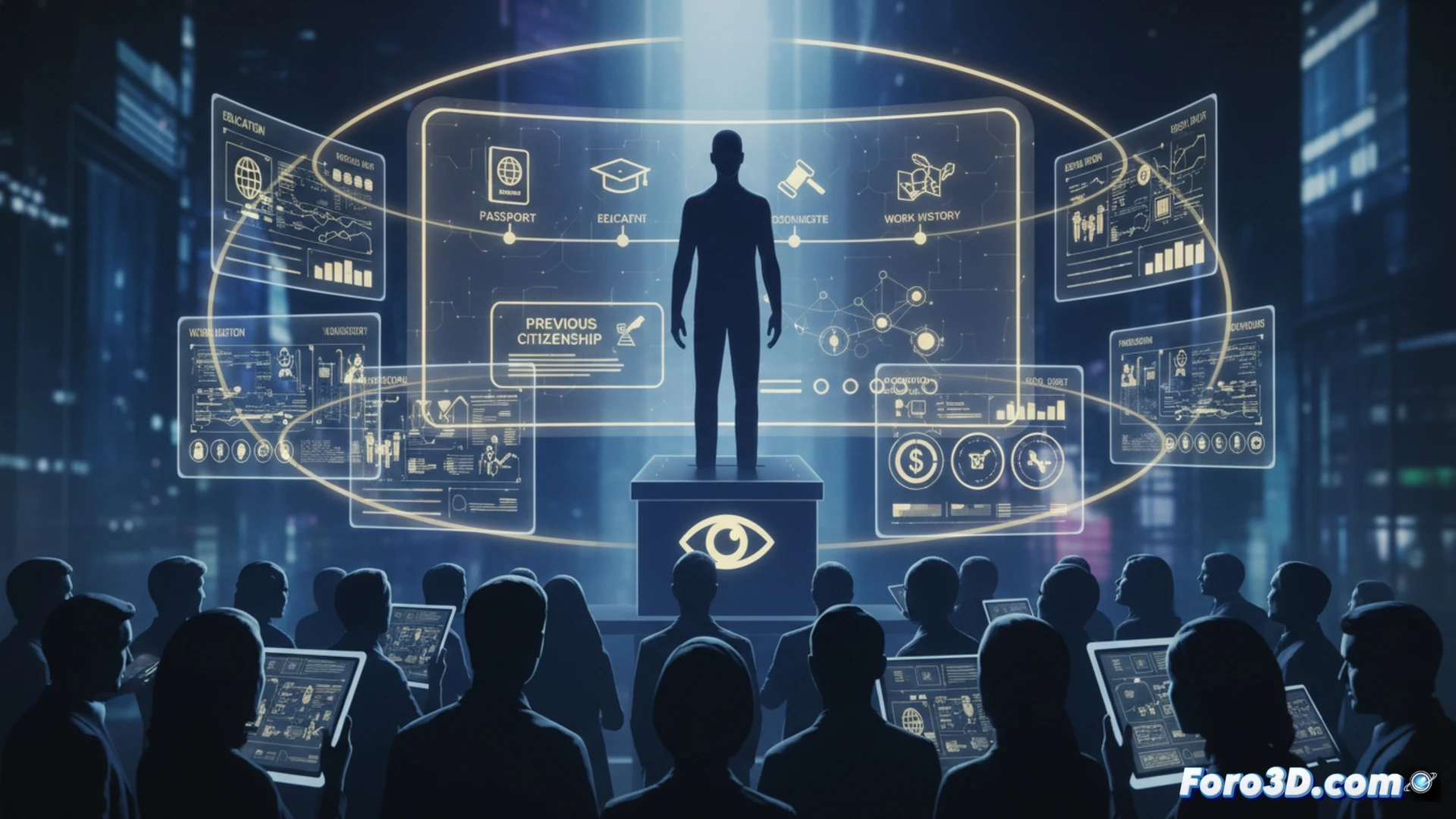 photorealistic technical illustration of a transparent digital dossier floating above a voting booth, glowing holographic timeline revealing layers of personal records, citizenship documents, and background check results cascading downward, voter’s hand reaching toward the interface while a blurred silhouette of a candidate stands behind a partially lifted curtain, cinematic lighting with sharp blue and amber contrast, data nodes pulsing with verification status, glass-like document panels with security watermarks, democratic process visualization, ultra-detailed futuristic election technology