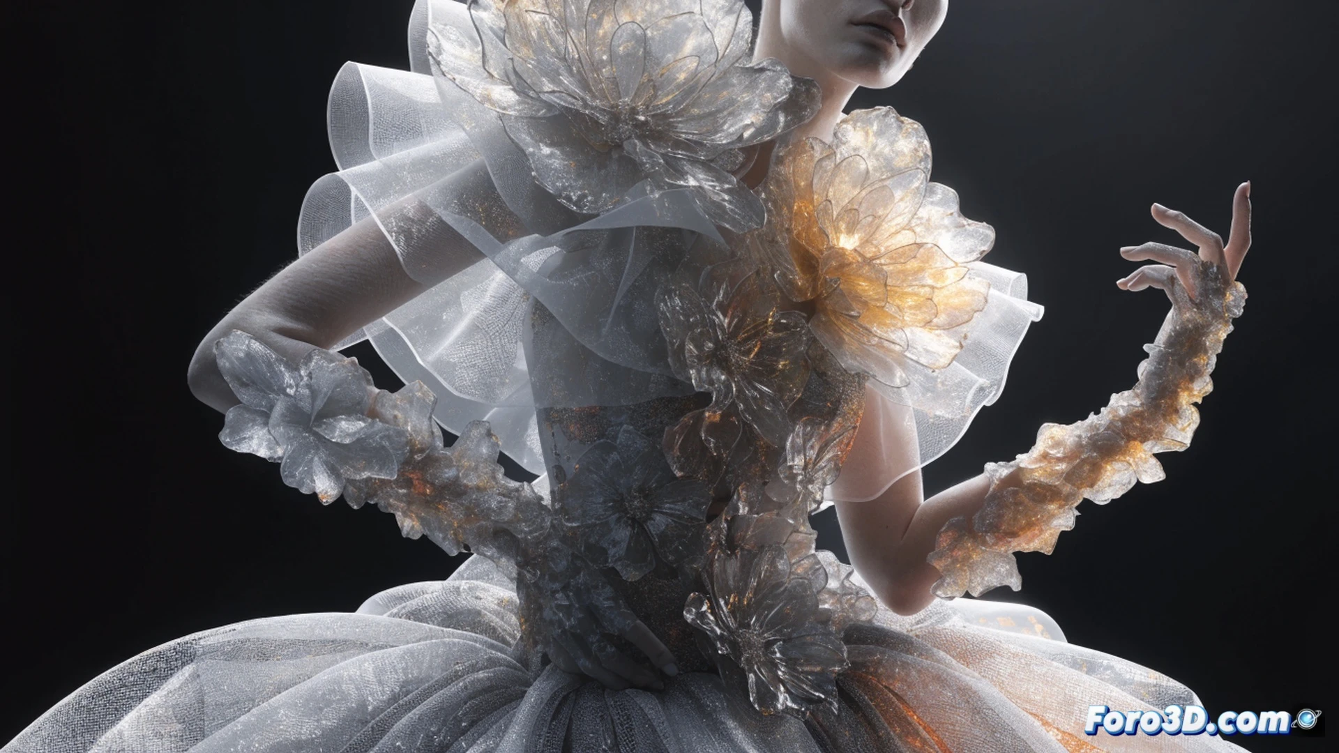 runway spotlight illuminating translucent layered gown with embedded 3D floral appliqués, fabric panels lifting during model’s stride, revealing intricate stamen and petal structures, high-fashion photography studio with ring lights reflecting off sequined embroidery, motion blur on trailing organza, macro detail of thread-and-resin flowers catching specular highlights, cinematic fashion editorial lighting, metallic thread shimmer, soft shadow depths, photorealistic garment construction render