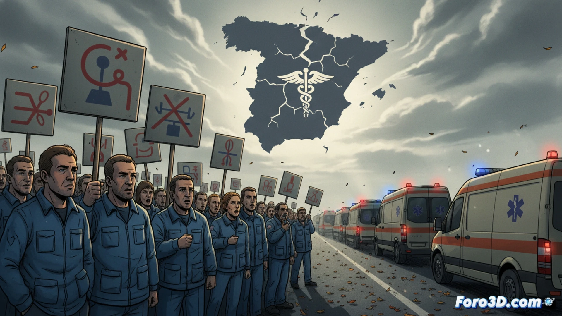 ambulancia estacionada frente a un hospital de Castilla-La Mancha con puertas traseras abiertas, camilla vacía dentro, conductores sindicalizados con chalecos reflectantes formando un círculo de protesta silenciosa, carteles plegados en el suelo, reloj de pared marcando hora de retraso en sala de espera al fondo, luz fría de fluorescentes, neumáticos traseros desgastados, cable de oxígeno colgando suelto, cinematographic photorealistic render, atmósfera tensa de paro técnico, texturas de asfalto mojado y plástico médico, profundidad de campo focal en el volante vacío