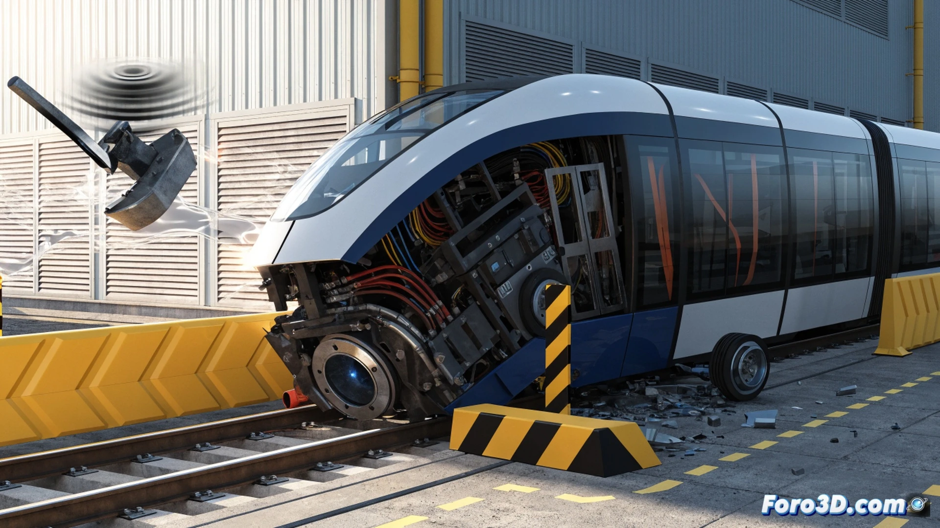 Autonomous tram derailing on test track due to brake shoe vibration, tram wheels misaligned on rails while suspension components shake violently, engineering team examining Leica Cyclone 3D scan data projected as holographic point cloud above the track, Simpack dynamic simulation interface visible on a ruggedized tablet showing vehicle oscillation graphs, cinematic engineering visualization, dramatic industrial lighting with sparks from brake shoe contact, photorealistic technical illustration, high-contrast metallic textures, precise mechanical detail