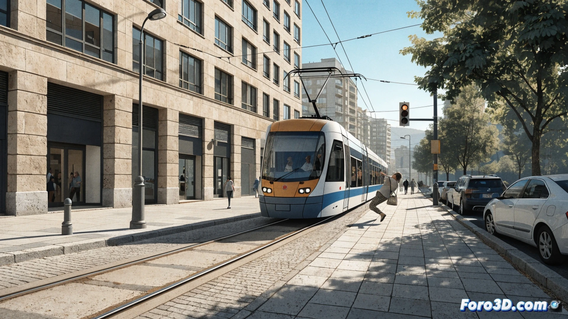 Modern tram collision scene, Valdespartera street intersection near Los Olvidados stop, a woman in her 60s lying on the pavement after being struck by a tram, emergency responders arriving with medical kits and stretcher, tram stopped with doors open and hazard lights flashing, overhead catenary wires and tram tracks visible, traffic cones and warning signs placed around the area, morning sunlight casting long shadows, photorealistic urban accident documentation style, cinematic wide-angle lens, realistic textures of asphalt and metal, clear depiction of tram front bumper and pedestrian crossing markings