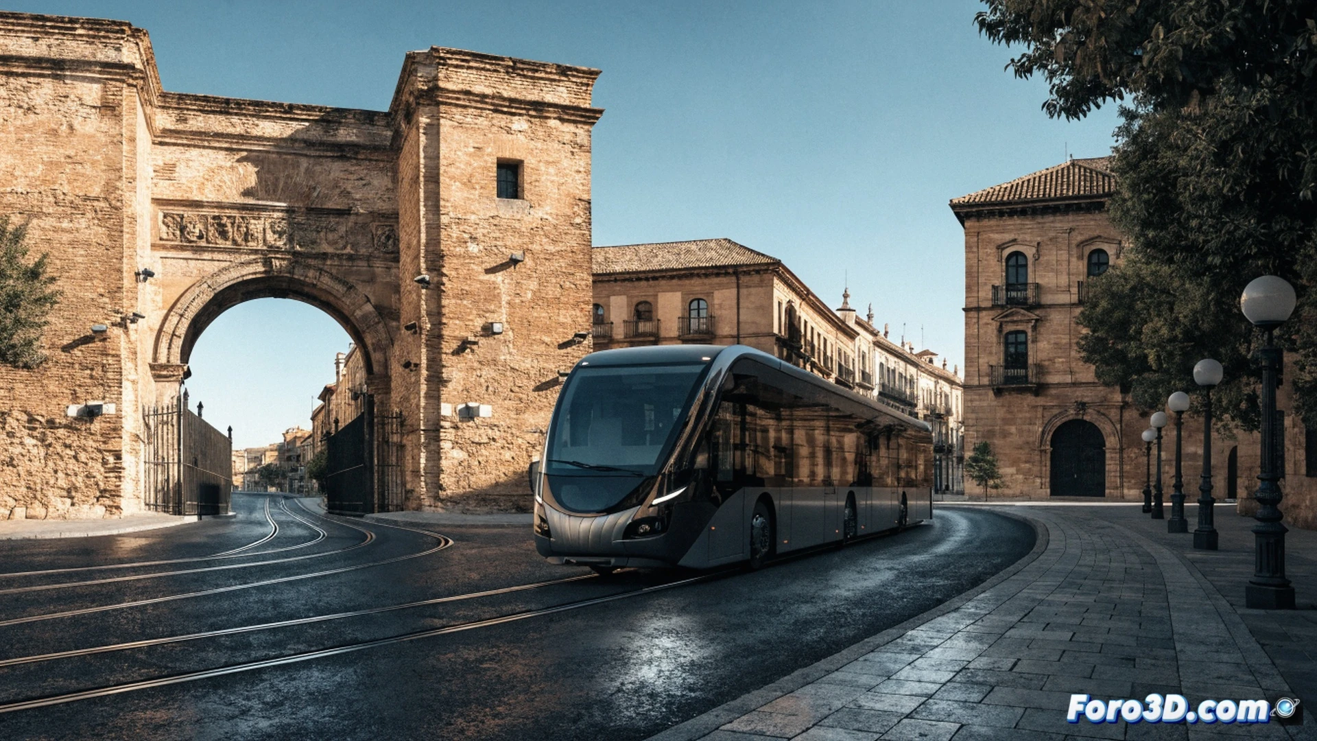 modern trambus approaching Puerta Osario archway, security cameras mounted on metal poles actively scanning vehicles, restricted access barrier lowering for authorized bus only, Real Alcázar side entrance with resident badge reader, traffic flow visualization with glowing arrows on street surface, morning sunlight casting long shadows, photorealistic urban engineering visualization, clean architectural lines, historic stone walls contrasting with modern surveillance tech, detailed camera housing with blinking LED indicators, concrete bollards lining the route, cinematic wide-angle perspective, realistic Spanish city textures, bright clear day lighting