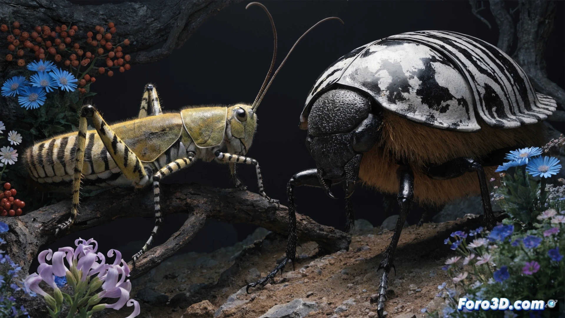 stop-motion animation workshop scene, a miniature insect-like puppet being carefully positioned on a detailed set with tiny tools, clay and wire visible on the workbench, a laptop showing 3D rigging software beside a camera rig, soft studio lights illuminating the model, hands adjusting a jointed leg, technical illustration style, photorealistic textures, shallow depth of field, cinematic composition, warm amber tones contrasting cool blue screen glow, precise engineering details on puppet armature